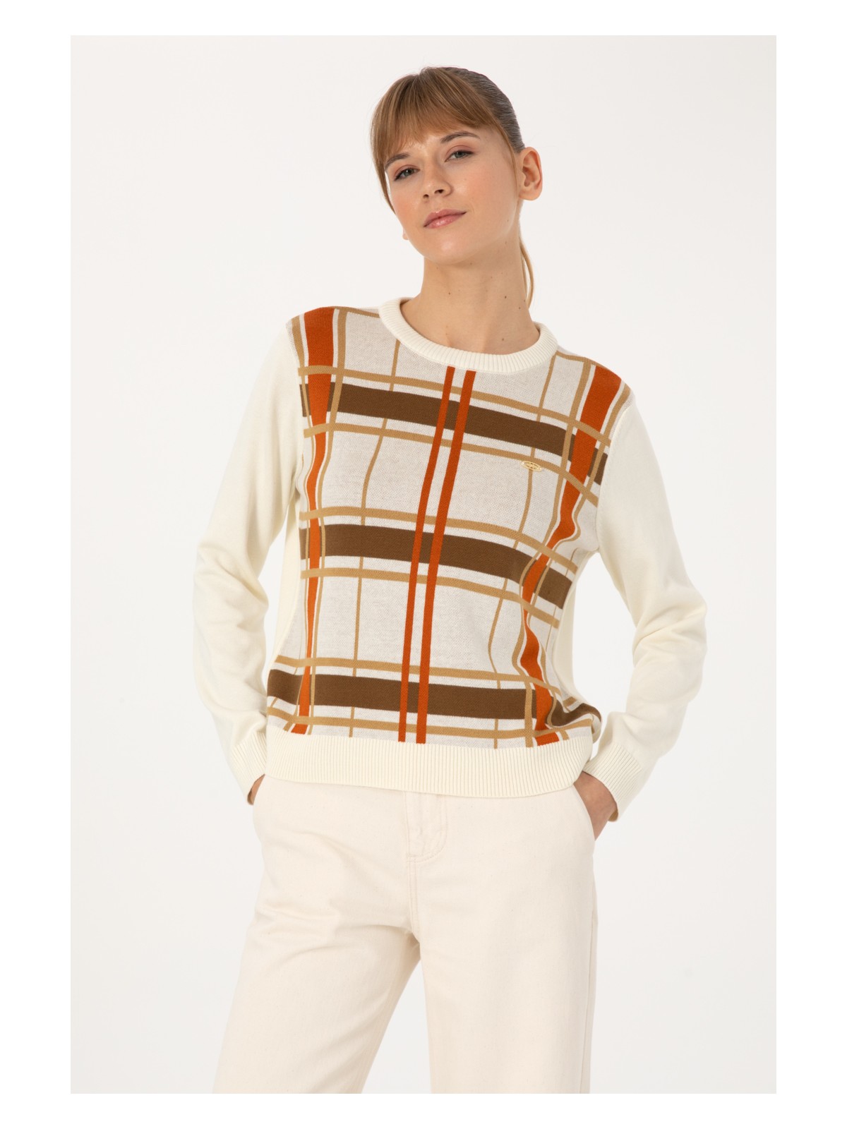 U.S. Polo Assn. Kadın Krem Melanj Bisiklet Yaka Çizgili Kazak 50314812-VR159