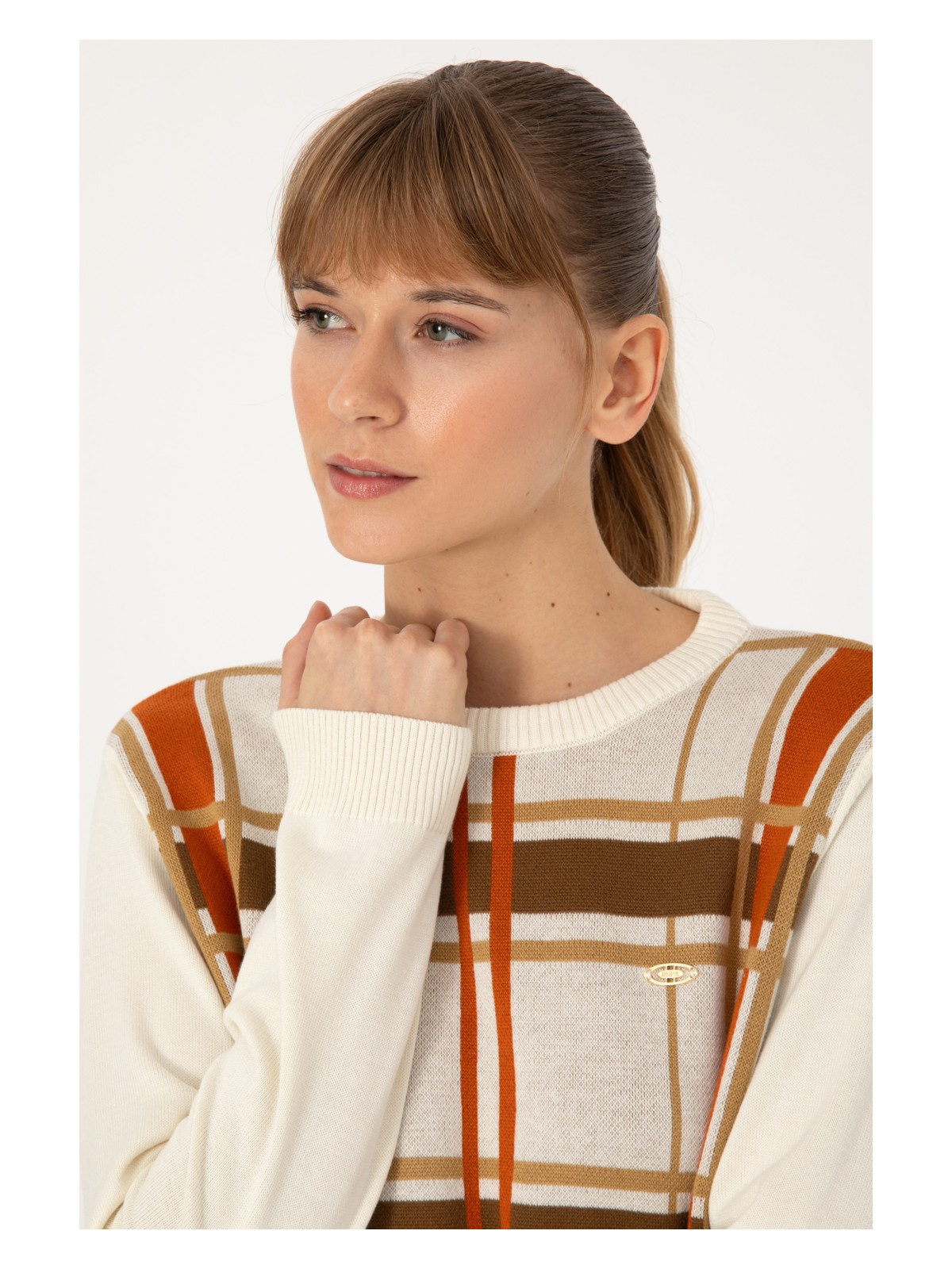 U.S. Polo Assn. Kadın Krem Melanj Bisiklet Yaka Çizgili Kazak 50314812-VR159 - Görsel 2