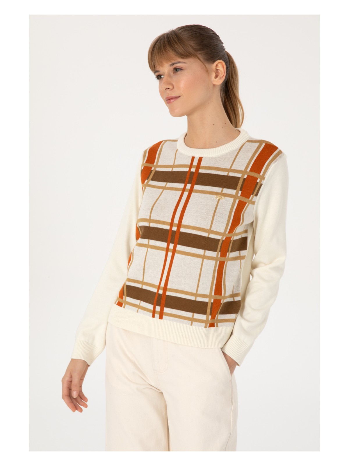 U.S. Polo Assn. Kadın Krem Melanj Bisiklet Yaka Çizgili Kazak 50314812-VR159 - Görsel 3