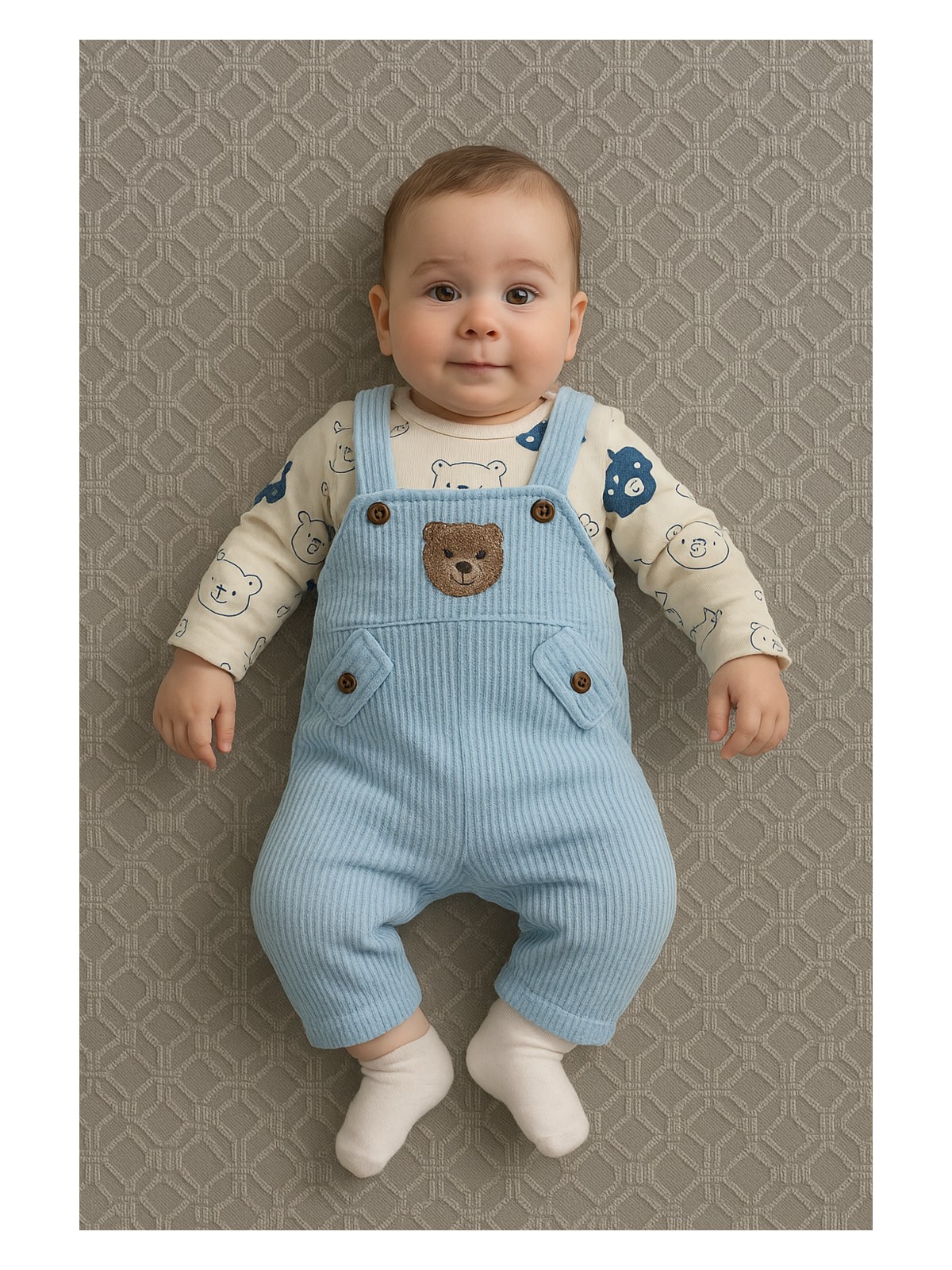 Nafitto Ayı Nakışlı Erkek Bebek Tulum 3’lü Tulum Seti – Zıbın, Tulum ve Çorap | 3-6-9 Ay Bebek Kıyafeti - Görsel 6