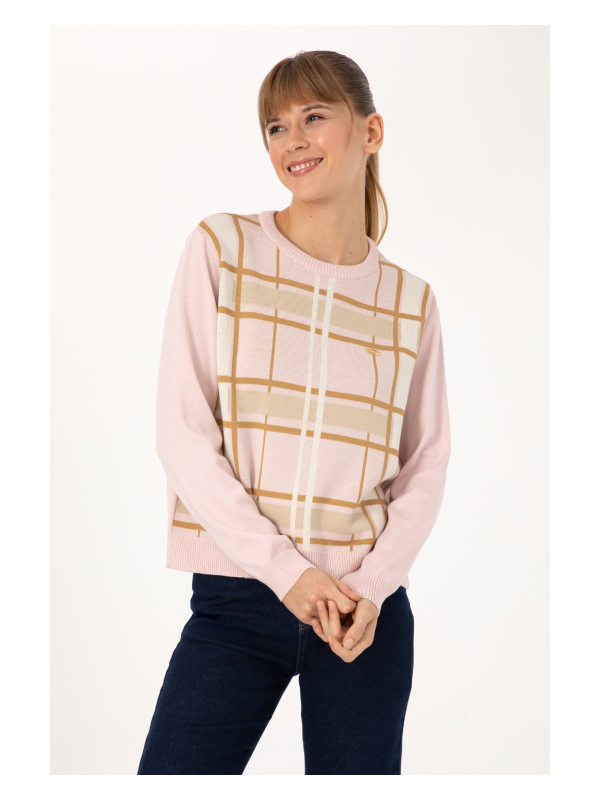 U.S. Polo Assn. Kadın Krem Melanj Bisiklet Yaka Çizgili Kazak 50314812-VR159 - Görsel 3