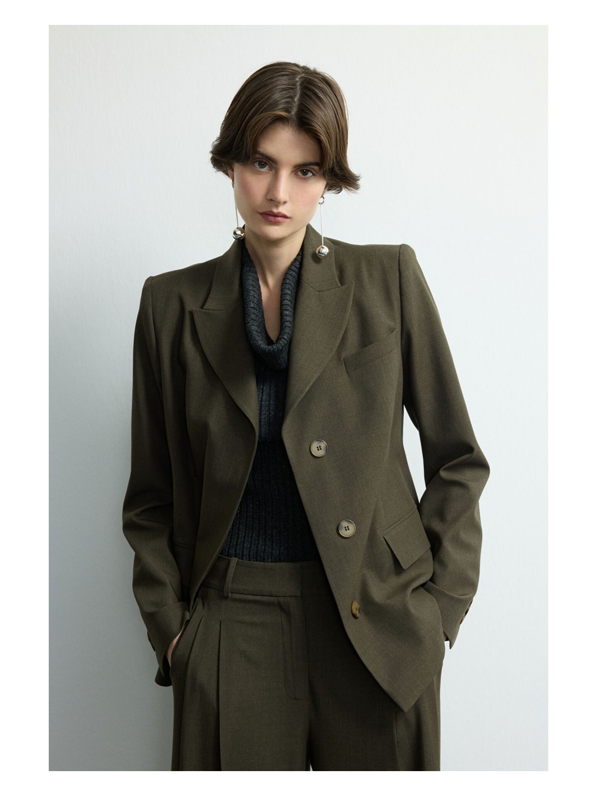 Love My Body Moda Tutkusu Çizgili Kruvaze Ceket Haki 119M2222000