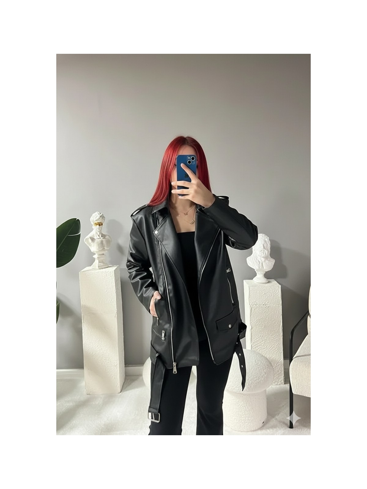 Orions Collection Elvera Oversize Uzun Kadın Siyah Deri Ceket