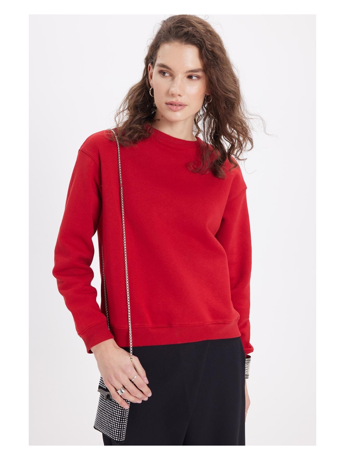 Tudors Kadın Oversize Geniş Kesim Pamuklu Bisiklet Yaka Kırmızı Sweatshirt