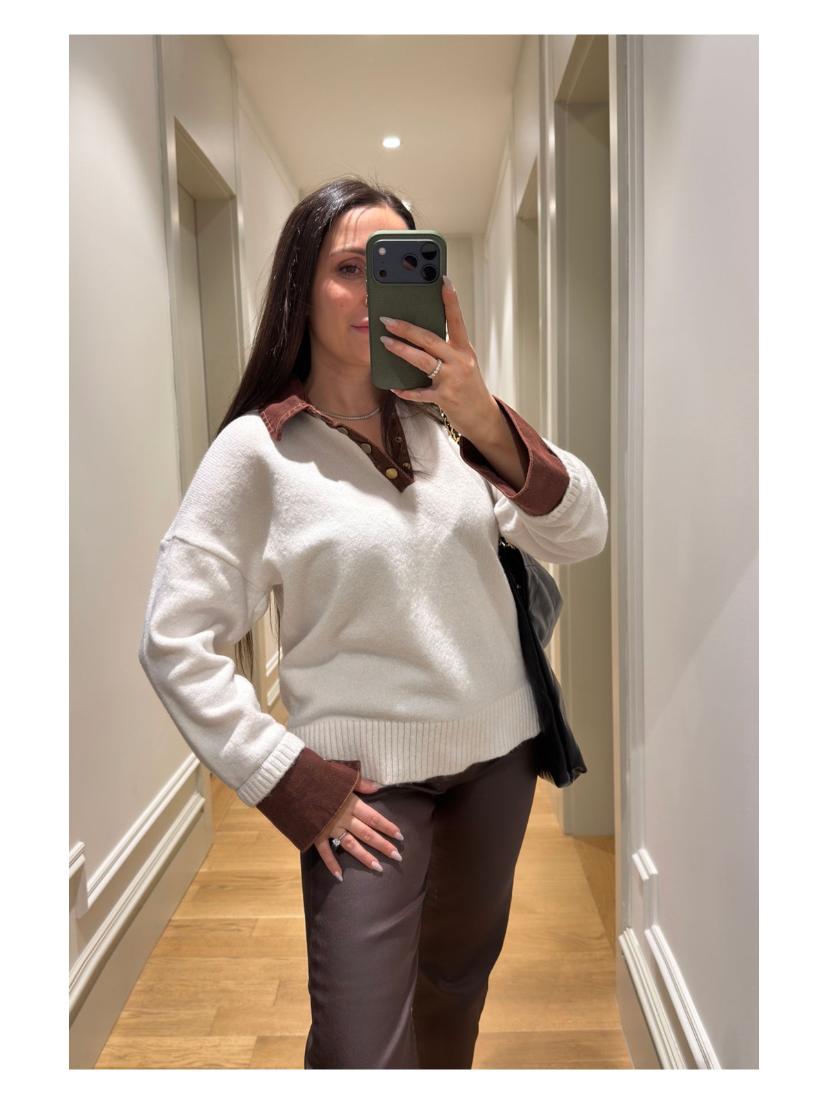 Magarde Yakası Jean Garnili Triko Kazak- Ekru