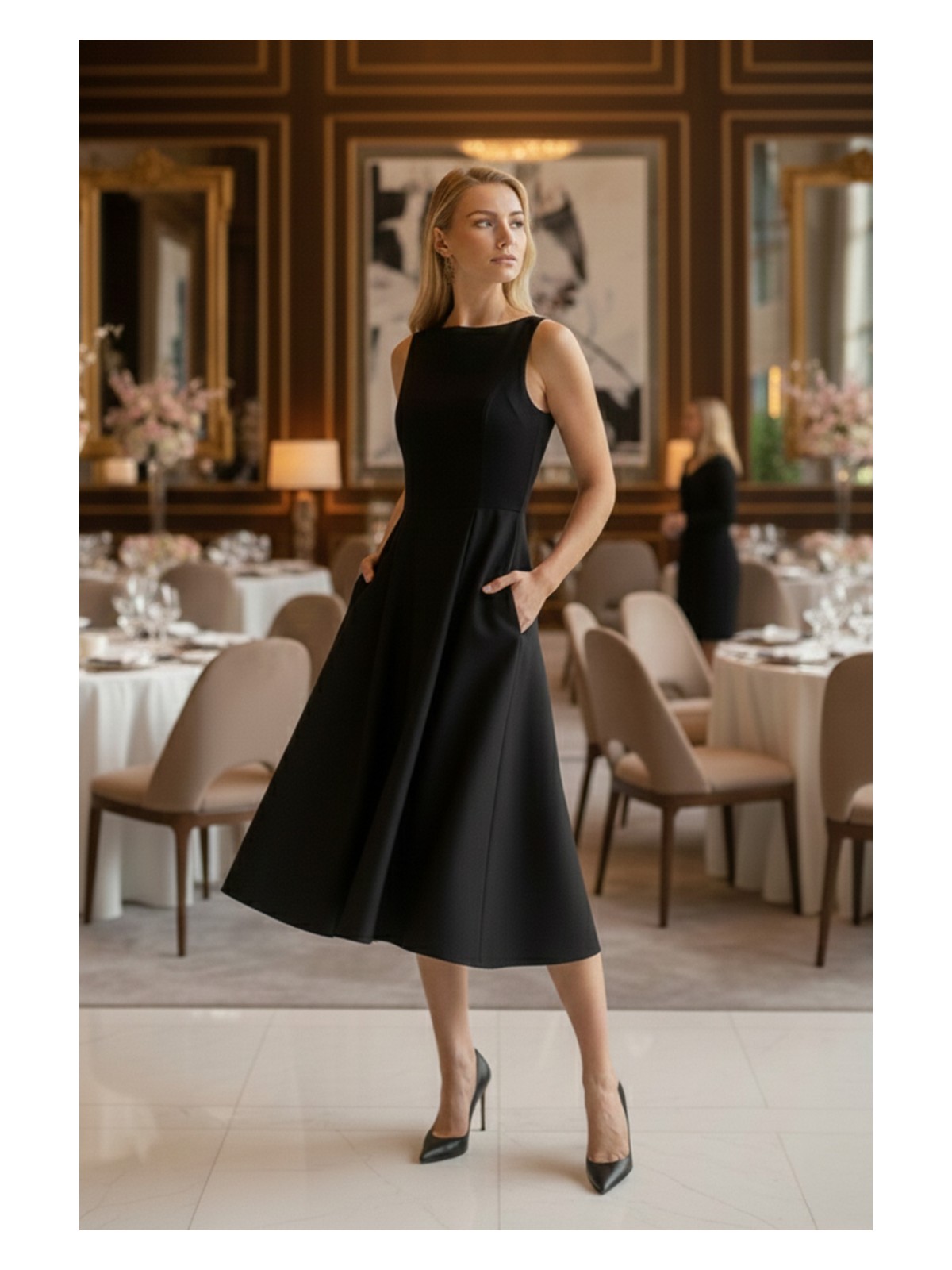 Lela Bisiklet Yaka Regular Fit Cepli Pileli Midi Elbise Kadın Elbise 6051963 - Görsel 3