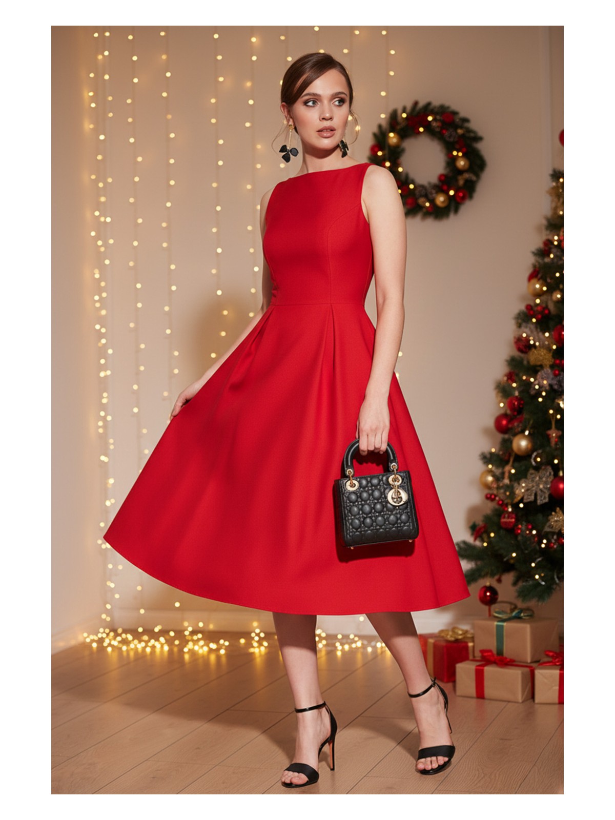 Lela Regular Fit Bisiklet Yaka Cepli Pileli Midi Boy Abiye Elbise Bayan Elbise 6111963 - Görsel 8