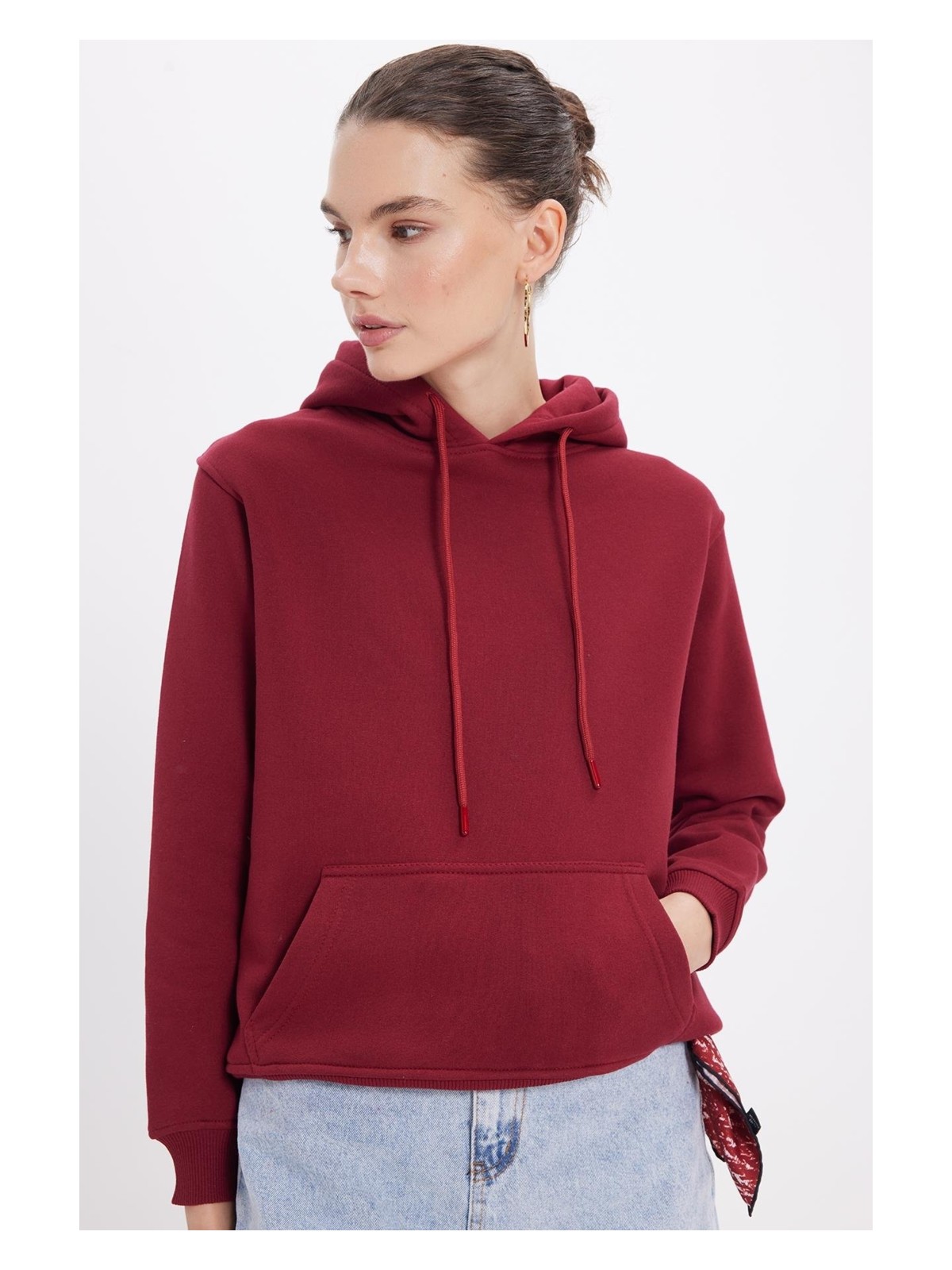 Tudors Kadın Relax Fit Rahat Kesim Pamuklu Kapüşonlu Kanguru Cepli bordo Sweatshirt
