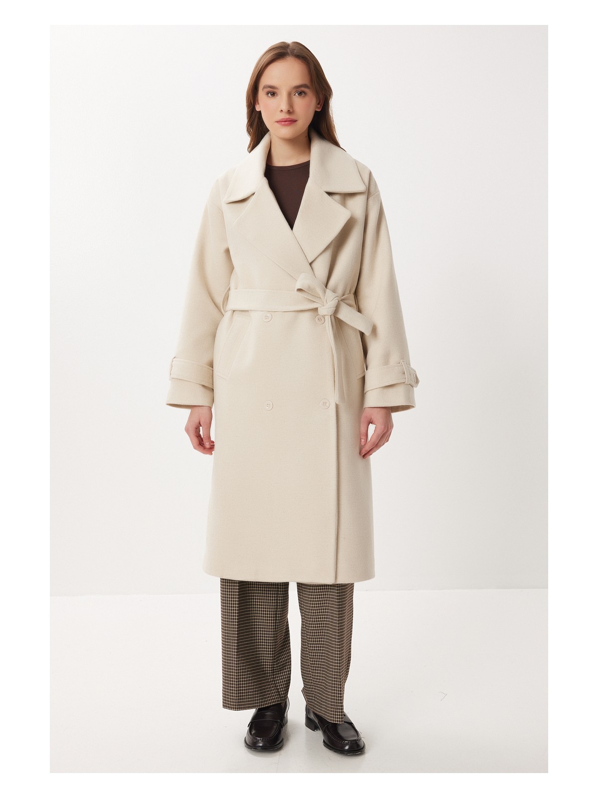 Happiness İstanbul Kruvaze Yaka Kuşaklı Kaşe Kaban LDW0007 Krem Melanj