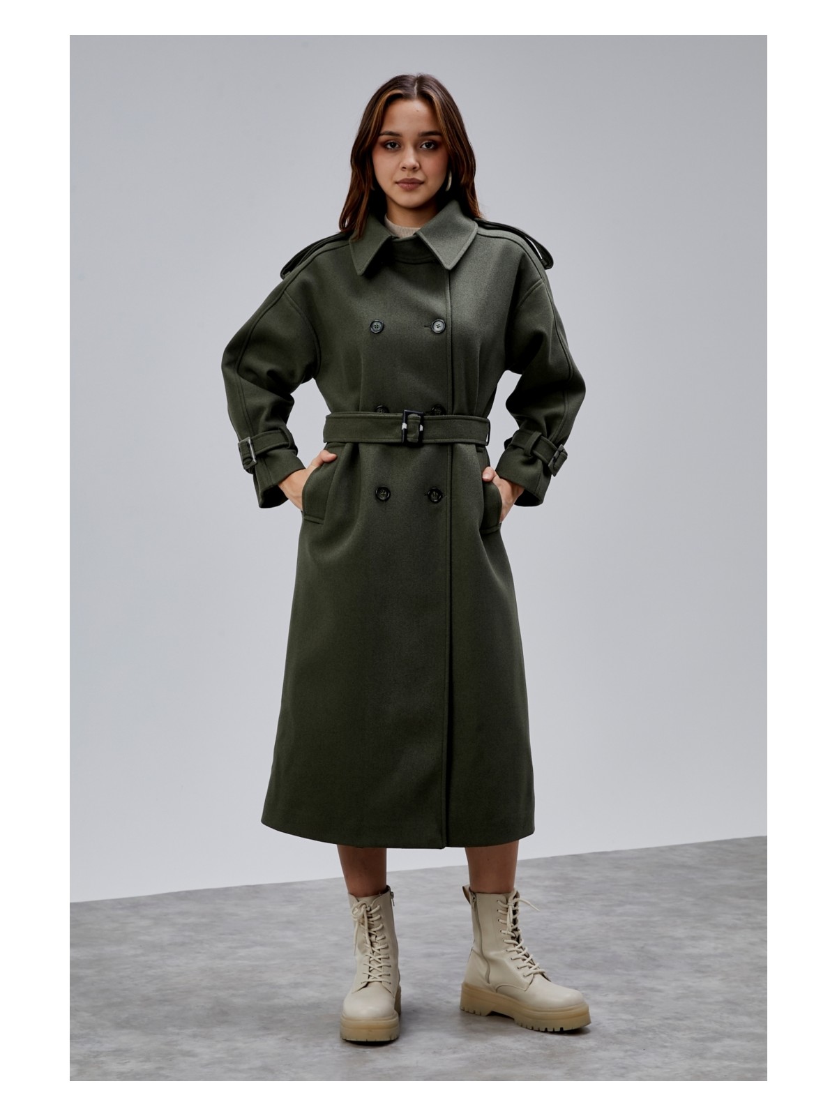 Bolivente Haki Kuşaklı Oversize Kaşe Kaban 44577 - Görsel 6