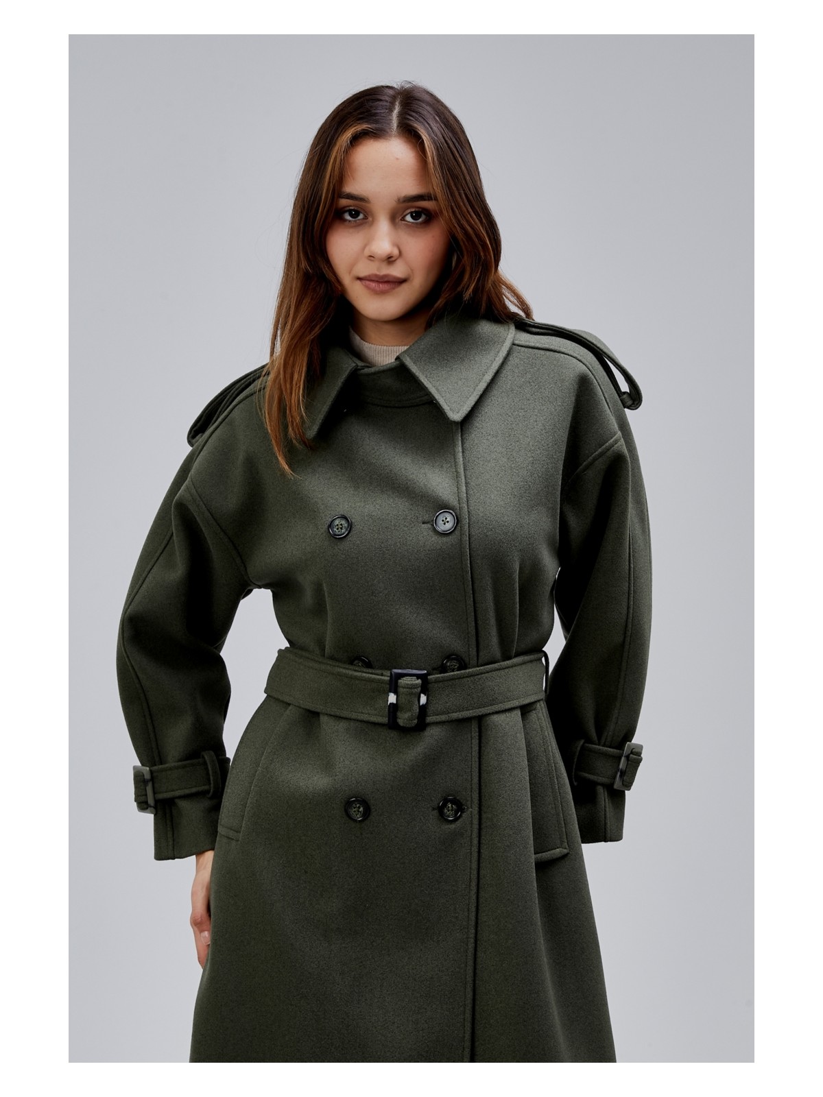 Bolivente Haki Kuşaklı Oversize Kaşe Kaban 44577 - Görsel 7
