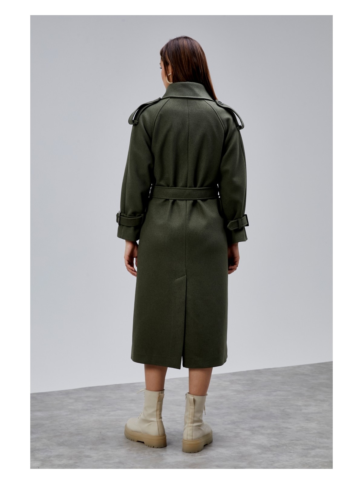 Bolivente Haki Kuşaklı Oversize Kaşe Kaban 44577 - Görsel 9