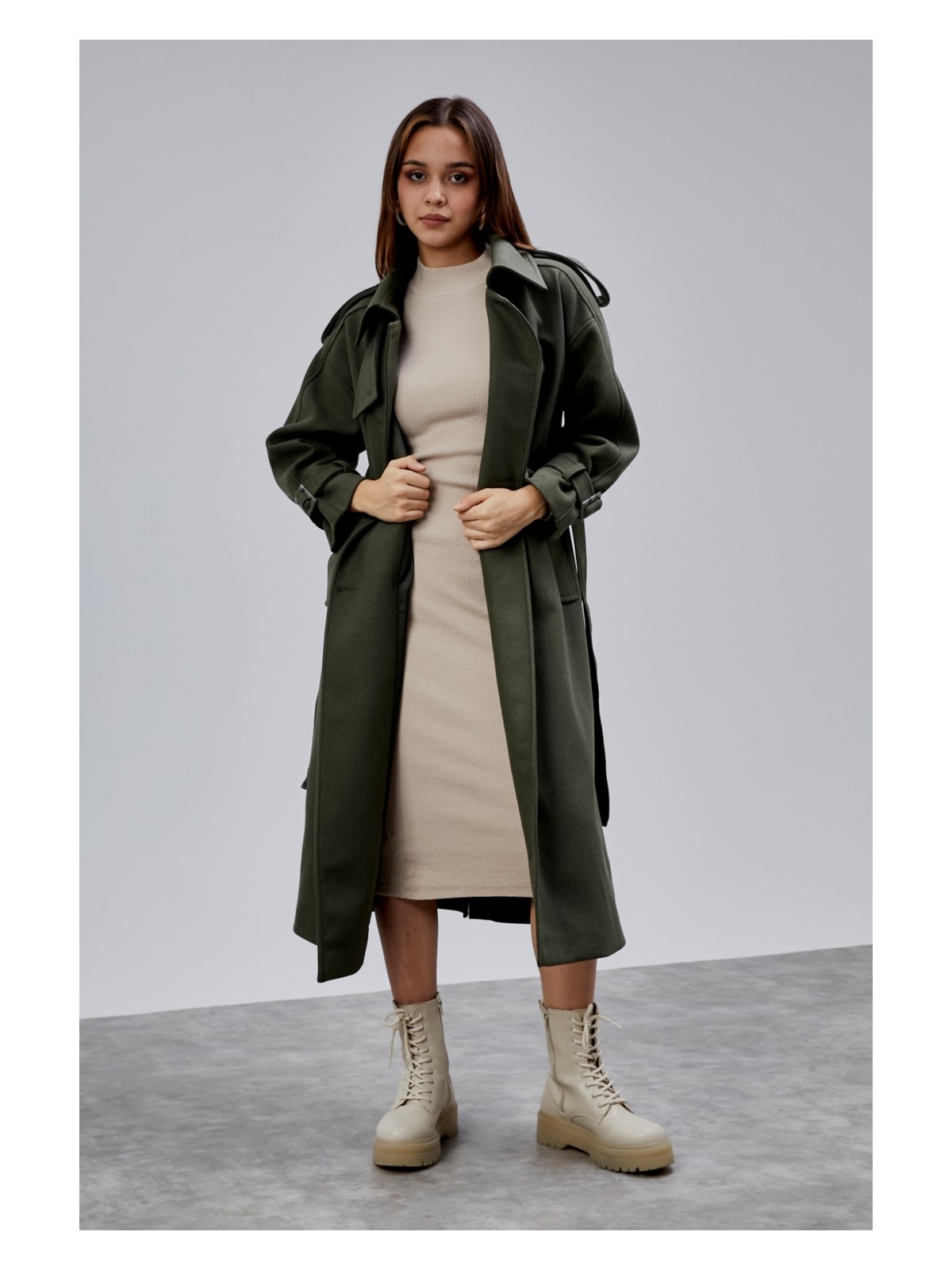 Bolivente Haki Kuşaklı Oversize Kaşe Kaban 44577 - Görsel 10