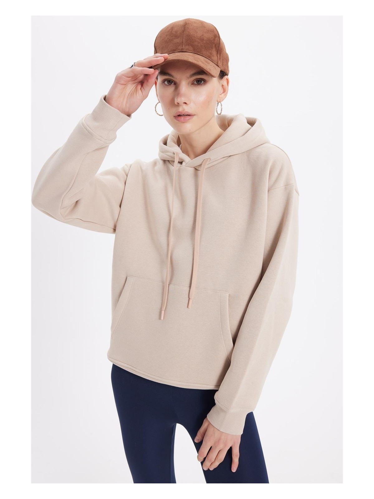 Tudors Kadın Oversize Geniş Kesim Pamuklu Yumuşak Dokulu Içi Polarlı Basic Bej Kapüşonlu Sweatshirt