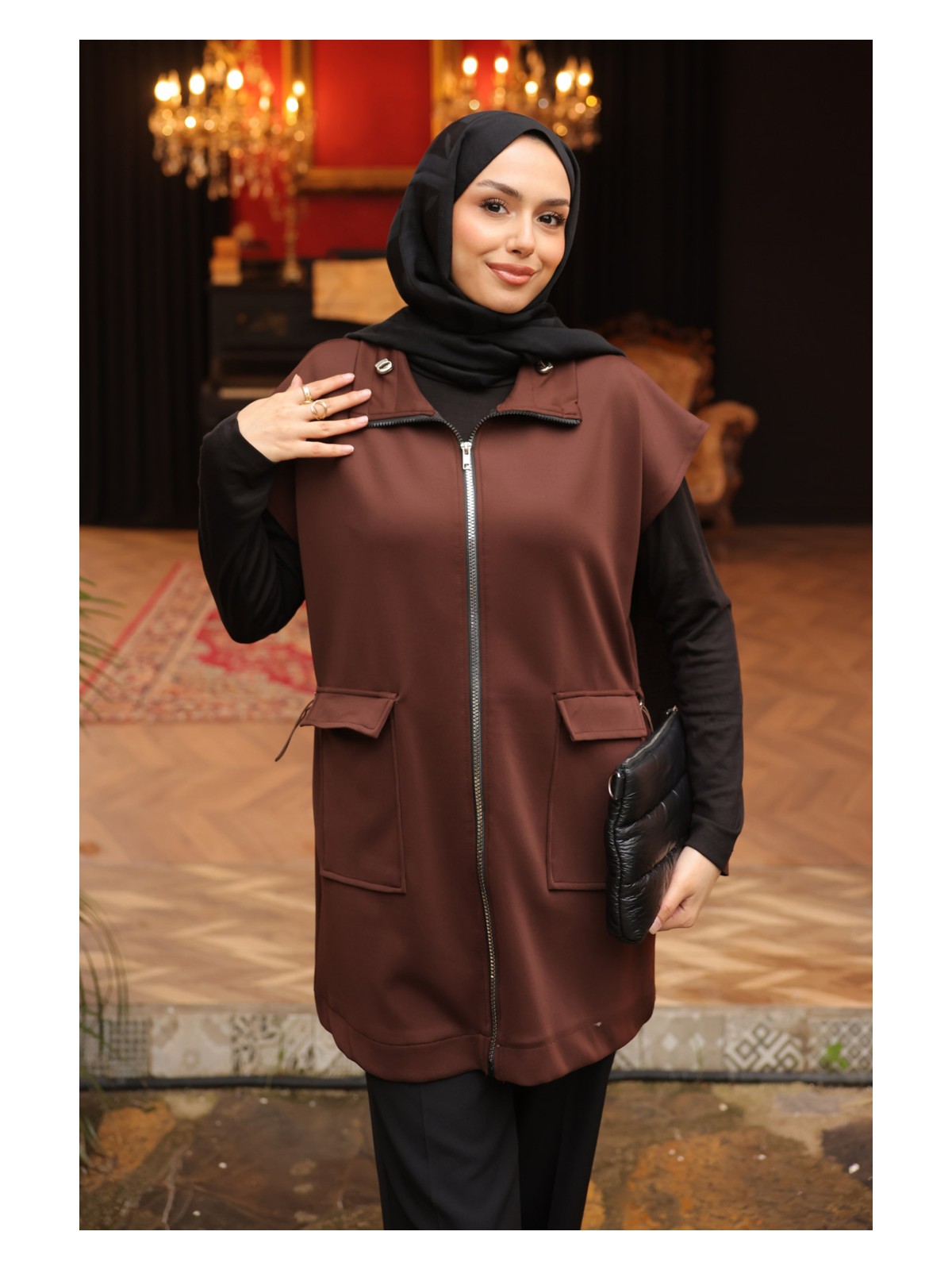 İmaj Butik Siyah Yakası Ve Beli Stoper Lastikli Cepli Scuba Yelek - Görsel 4