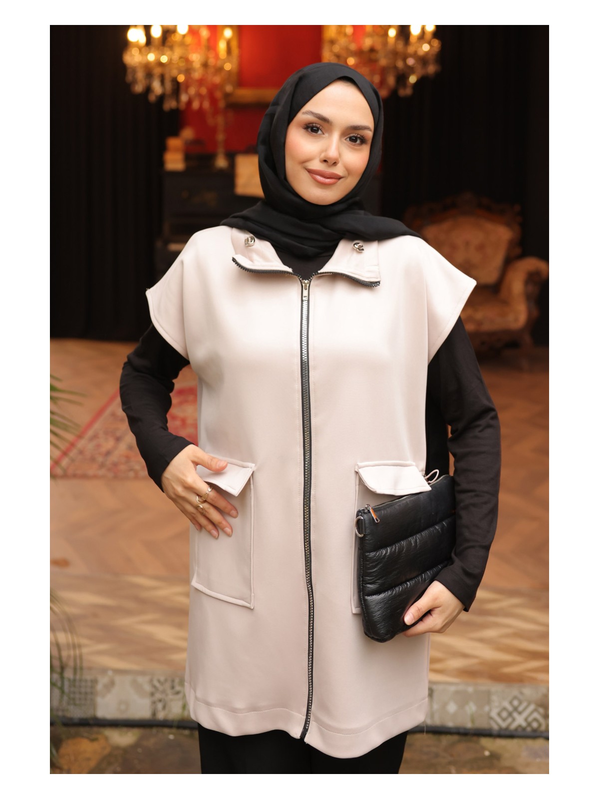 İmaj Butik Siyah Yakası Ve Beli Stoper Lastikli Cepli Scuba Yelek - Görsel 7