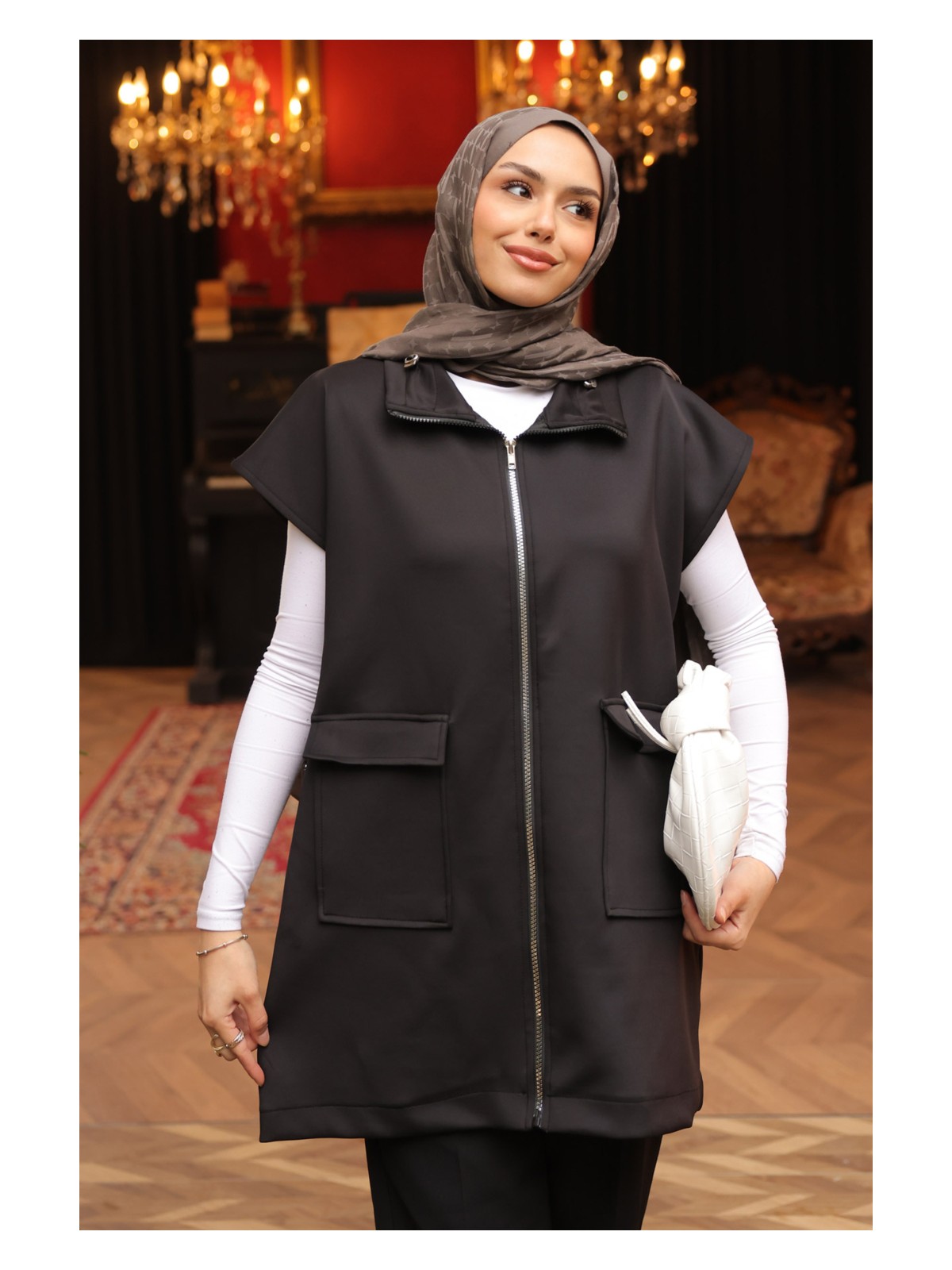 İmaj Butik Siyah Yakası Ve Beli Stoper Lastikli Cepli Scuba Yelek