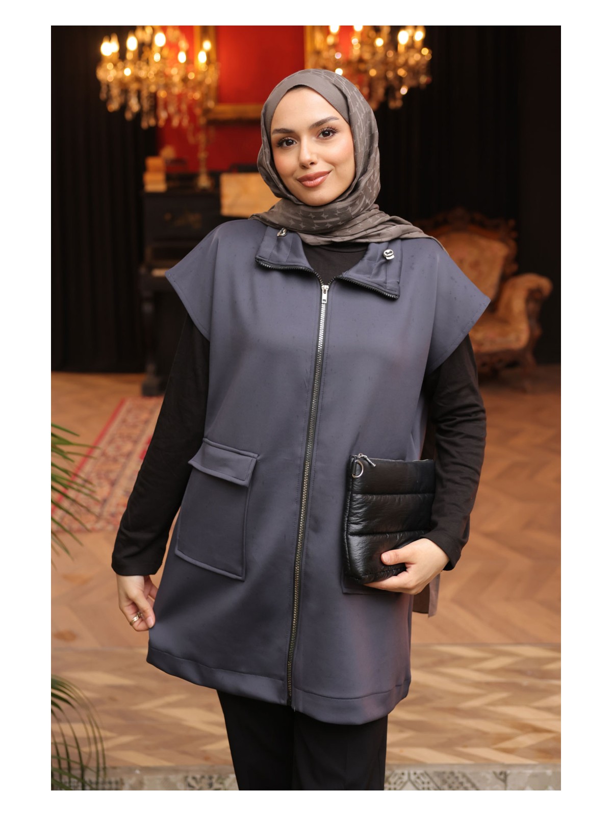 İmaj Butik Siyah Yakası Ve Beli Stoper Lastikli Cepli Scuba Yelek - Görsel 8