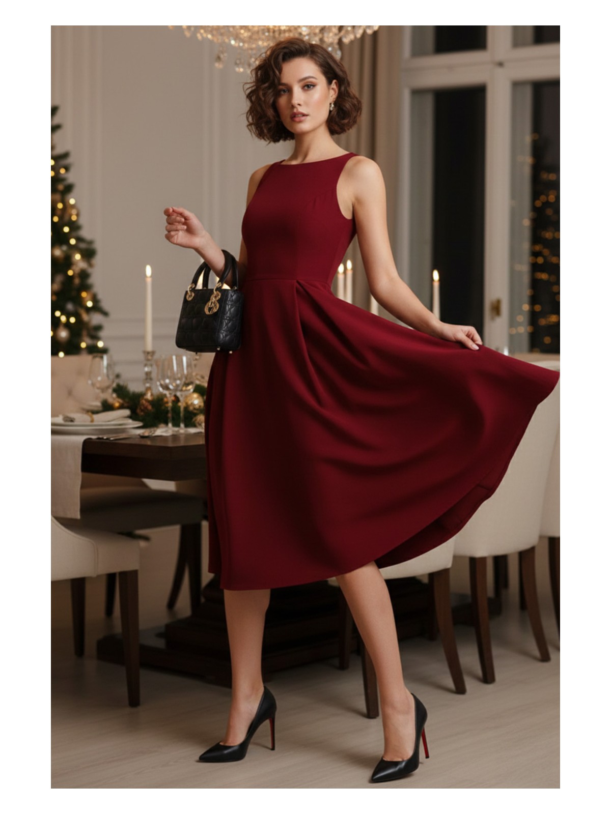 Lela Regular Fit Bisiklet Yaka Cepli Pileli Midi Boy Abiye Elbise Bayan Elbise 6111963 - Görsel 6