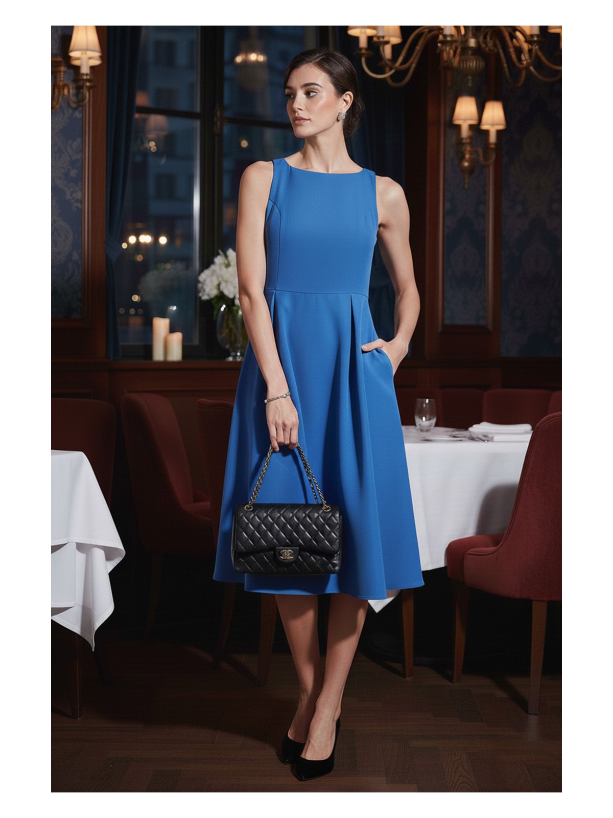 Lela Regular Fit Bisiklet Yaka Cepli Pileli Midi Boy Abiye Elbise Bayan Elbise 6111963