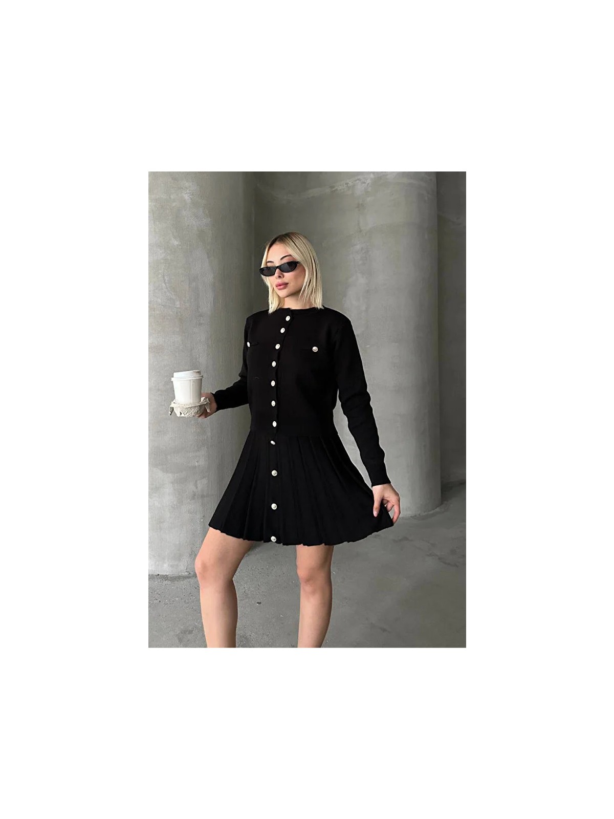 Ys Kadın Triko Mini Etek Hırka Takım - Siyah