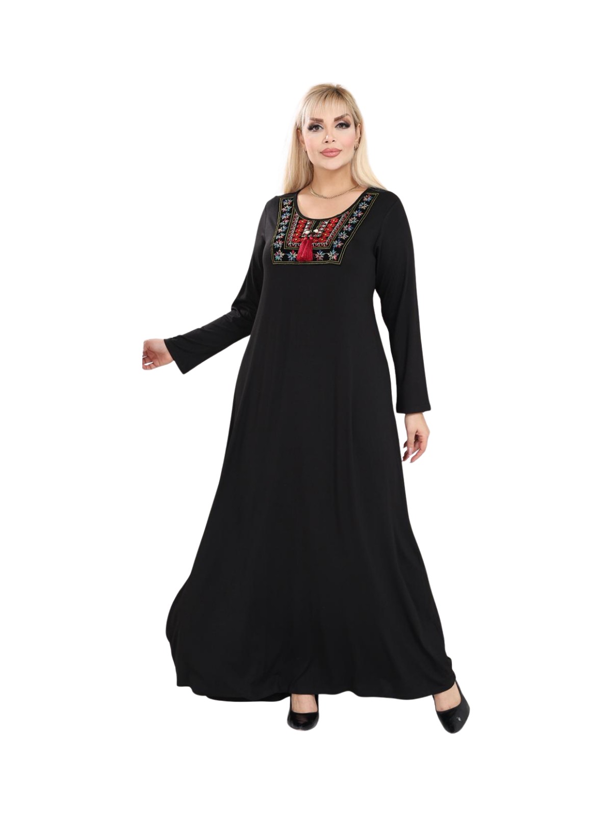 Melsay Butik Siyah Etnik Kare Yaka Püskül Detaylı Uzun Elbise