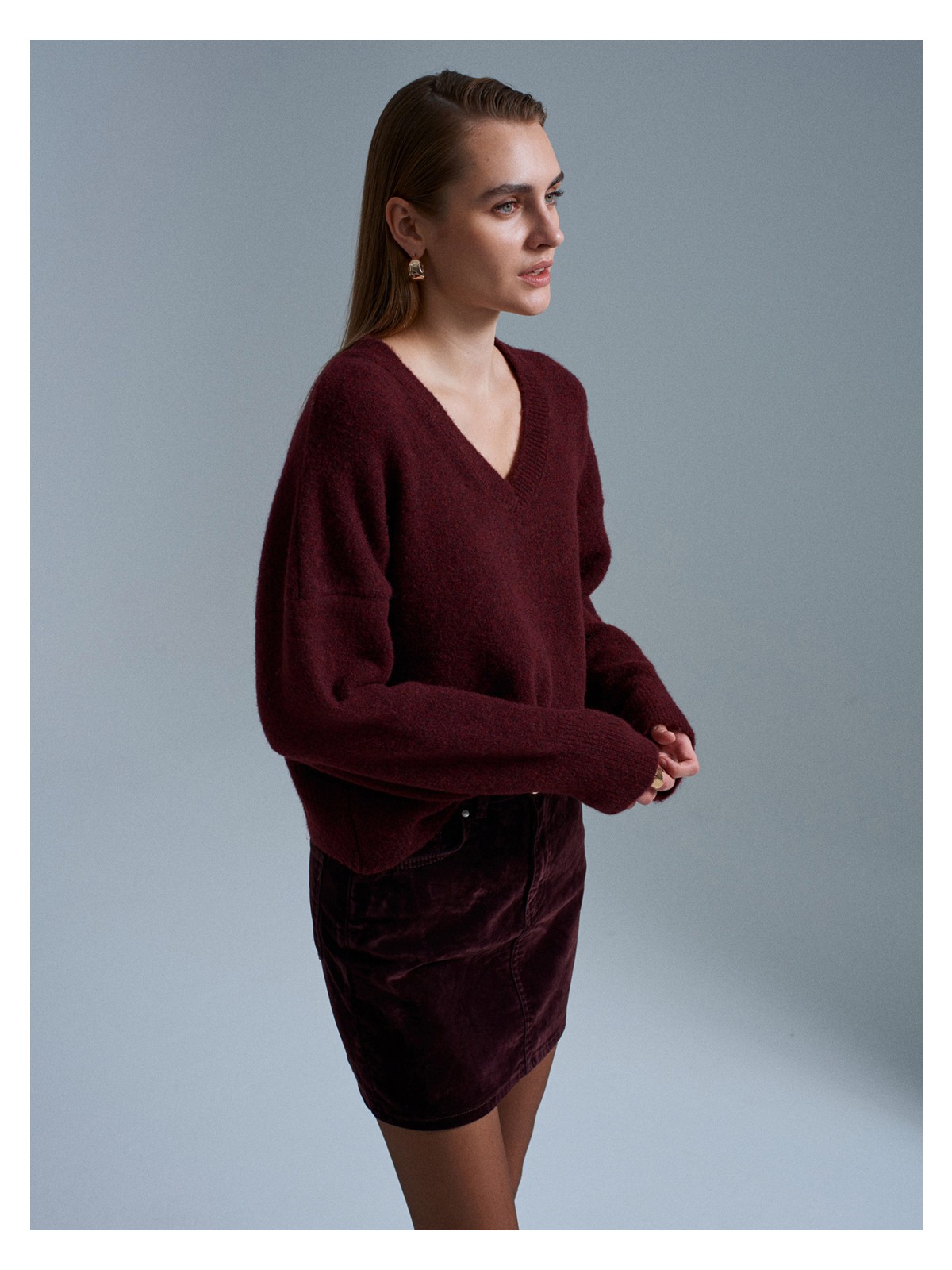 Dilvin 10645 V Yaka Yün Karışımlı Kazak-K.bej Mel. - Görsel 6