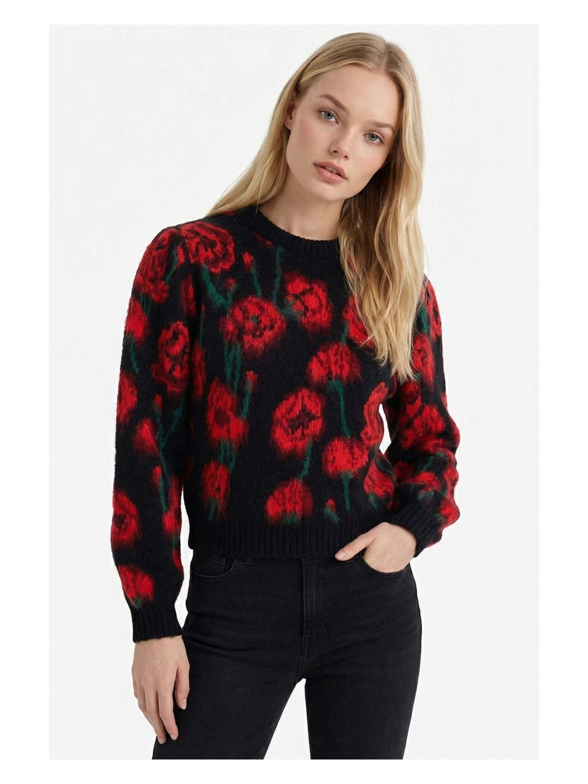 DeFacto Regular Fit Bisiklet Yaka Çiçekli Triko Kazak G8227AX25WN