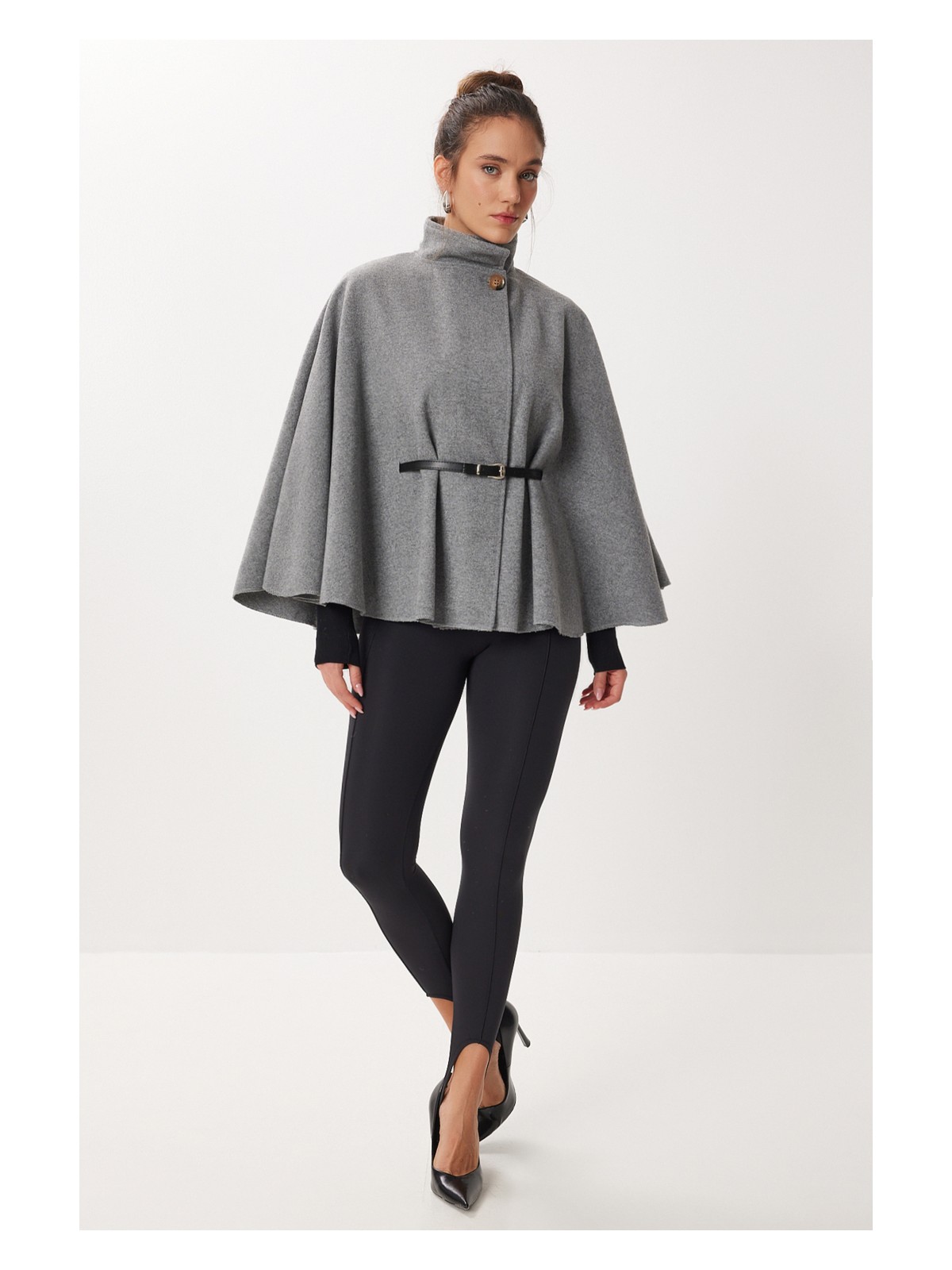 Happiness İstanbul Kemerli Düğmeli Kaşe Panço LGP0026 Lacivert - Görsel 4