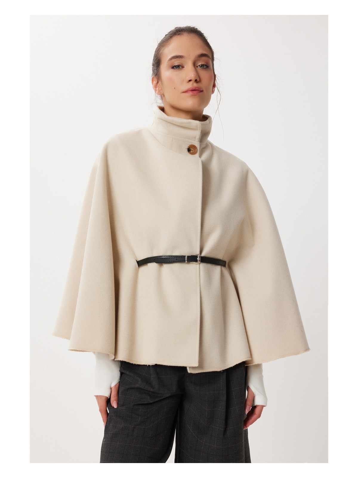 Happiness İstanbul Kemerli Düğmeli Kaşe Panço LGP0026 Lacivert - Görsel 5