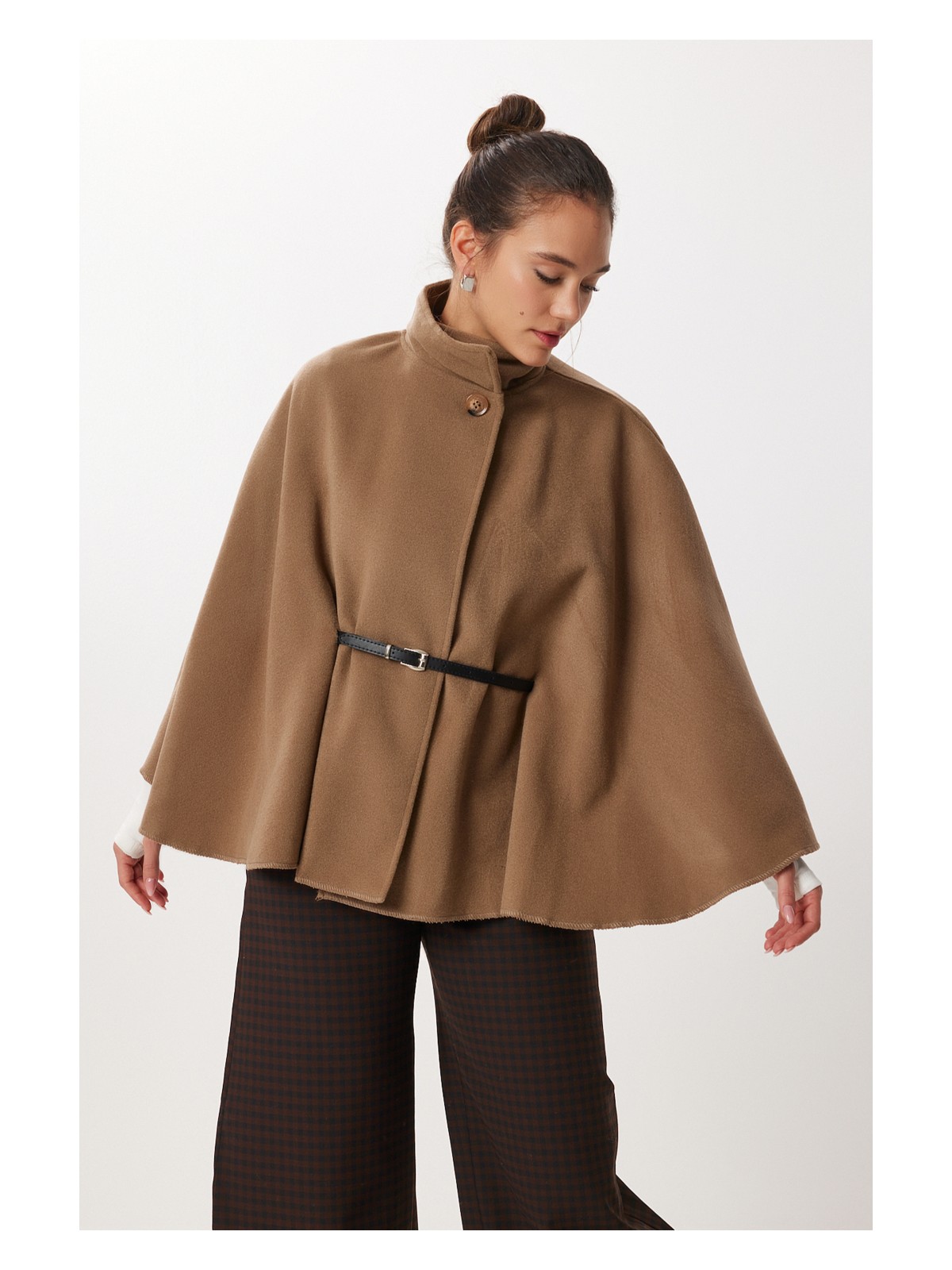 Happiness İstanbul Kemerli Düğmeli Kaşe Panço LGP0026 Lacivert - Görsel 6