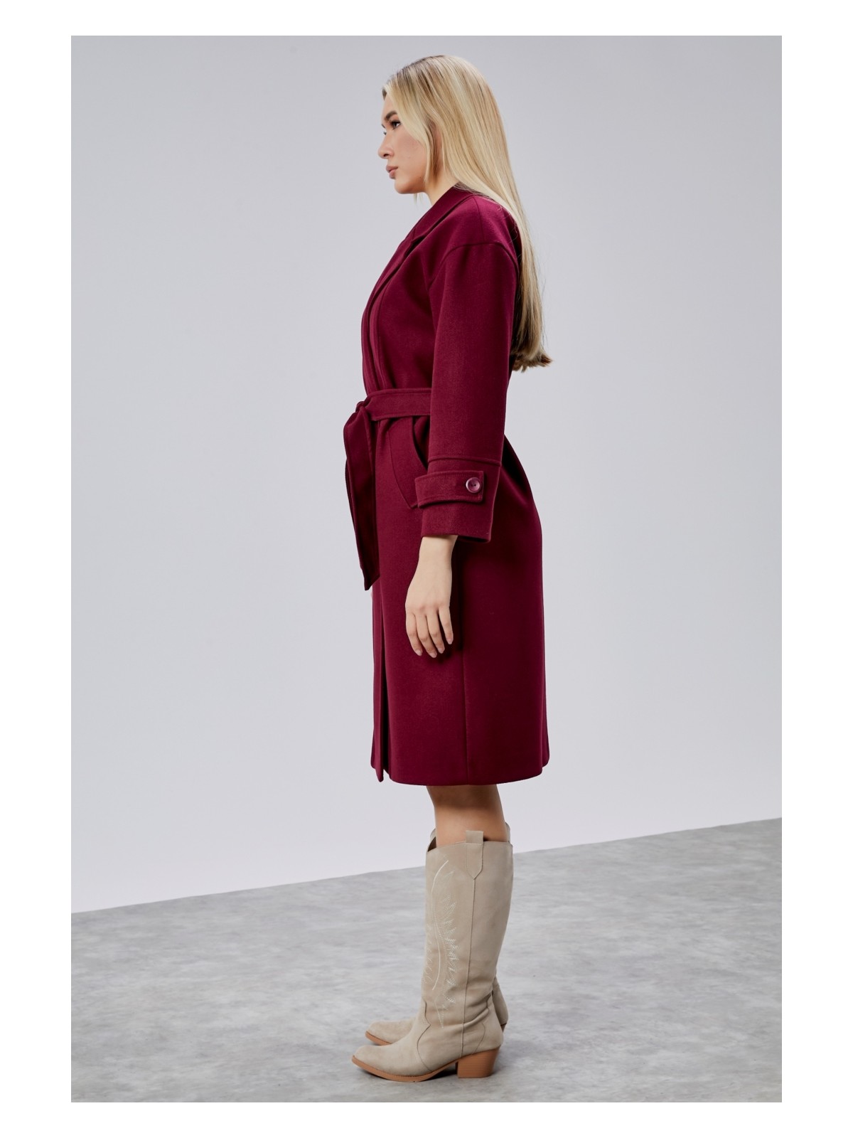 Bolivente Bordo Kuşaklı Oversize Kaşe Kaban - Görsel 3