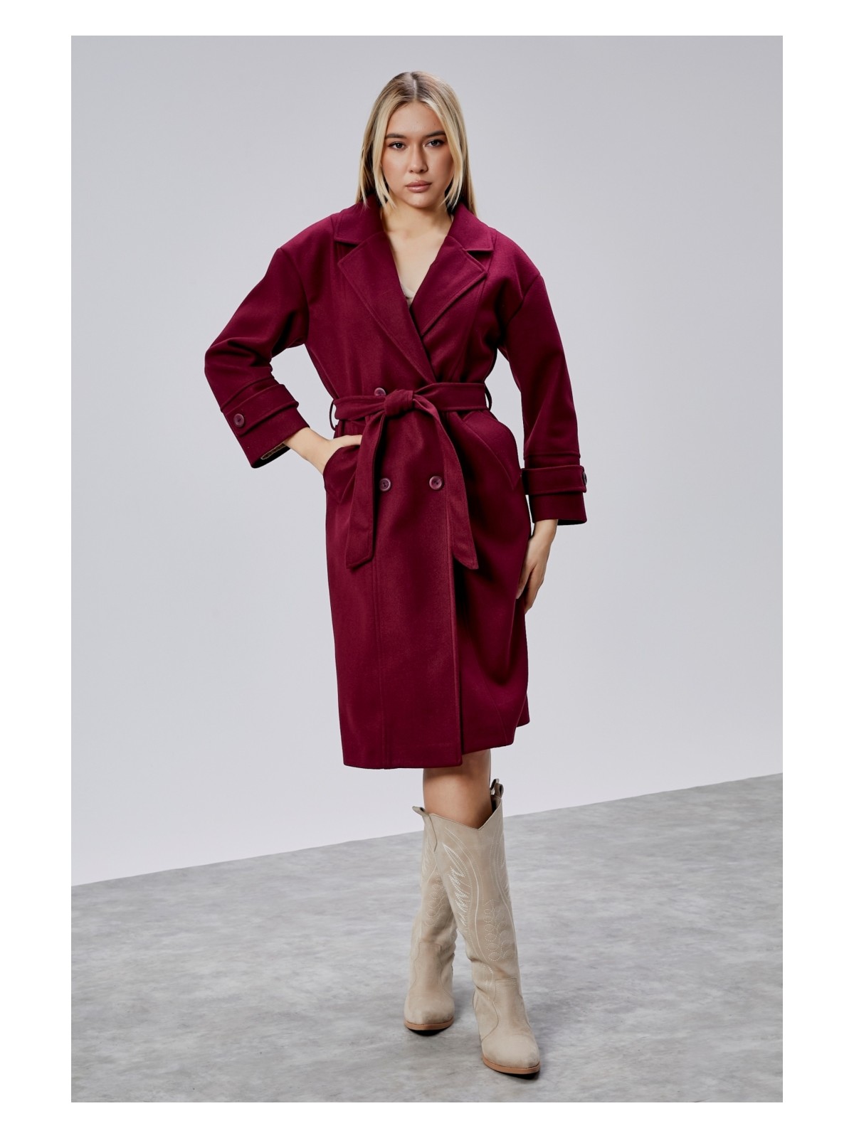 Bolivente Bordo Kuşaklı Oversize Kaşe Kaban - Görsel 5