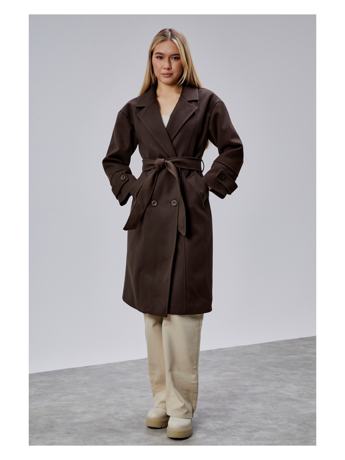 Bolivente Bordo Kuşaklı Oversize Kaşe Kaban - Görsel 6