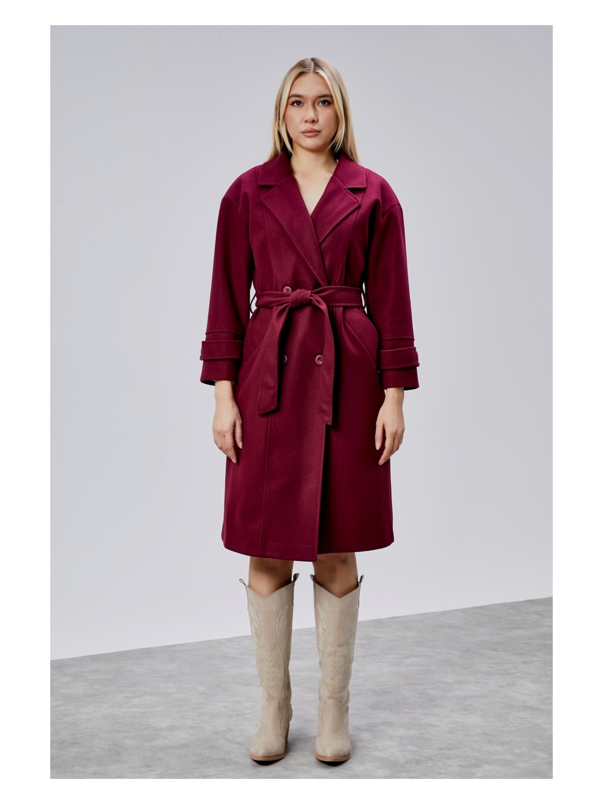 Bolivente Kuşaklı Oversize Kaşe Kaban - Görsel 5