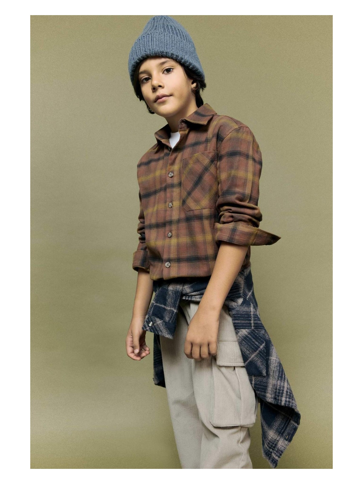 DeFacto Oversize Geniş Kalıp Polo Yaka Kareli Flanel Uzun Kollu Gömlek Erkek Çocuk G3464A825WN