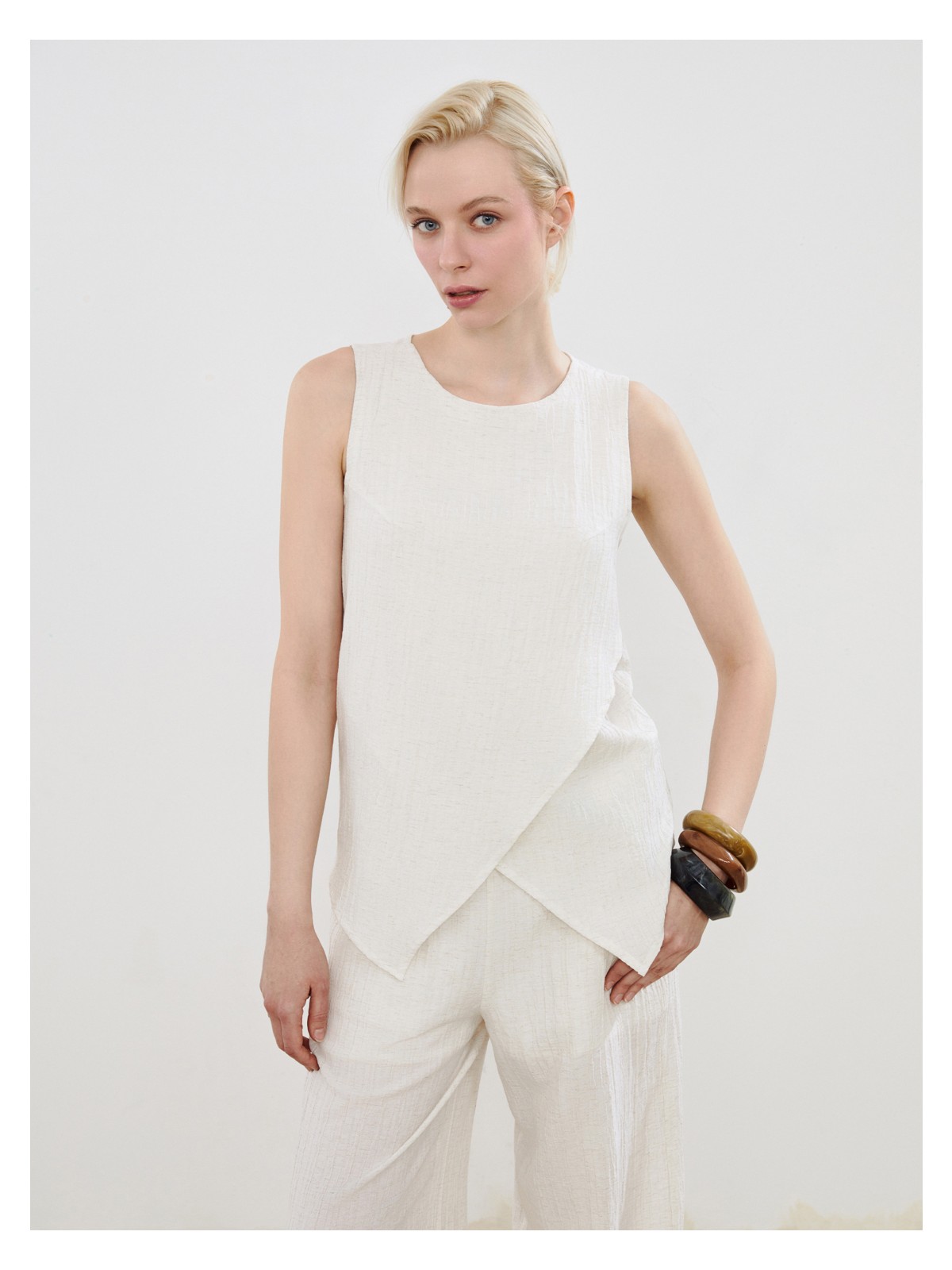 Soulife Bisiklet Yaka Dokulu Keten Karışımlı Bluz