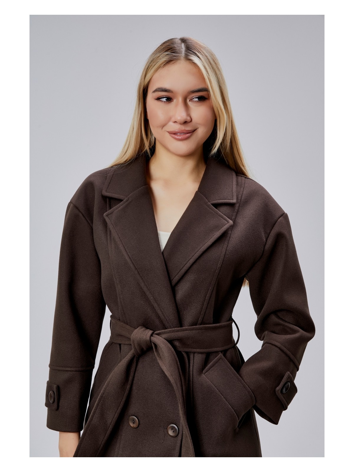 Bolivente Kadın Oversize Acı Kahve Kuşaklı Kaşe Kaban Polyester Düz Desenli - Görsel 8