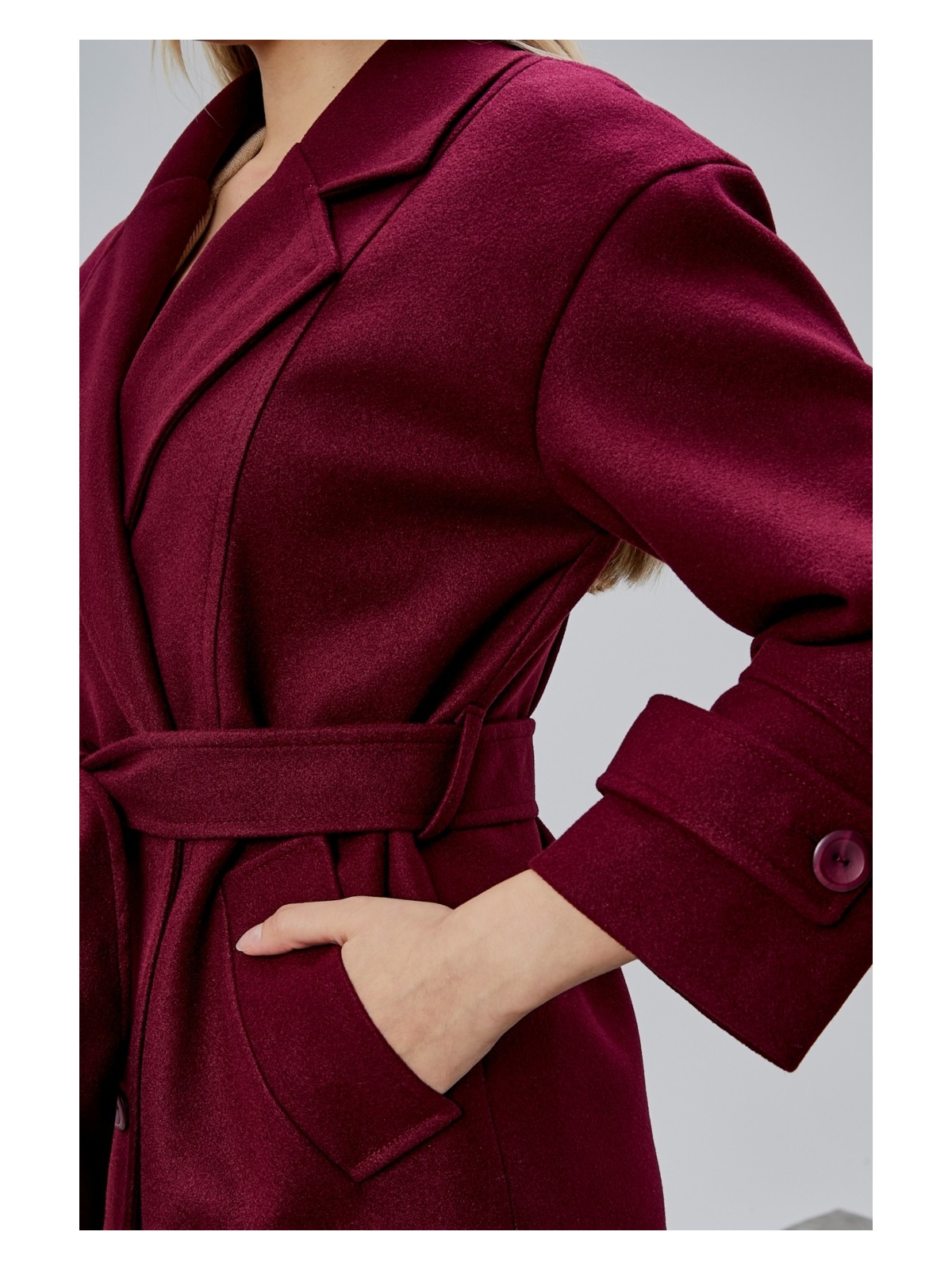 Bolivente Bordo Kuşaklı Oversize Kaşe Kaban - Görsel 6