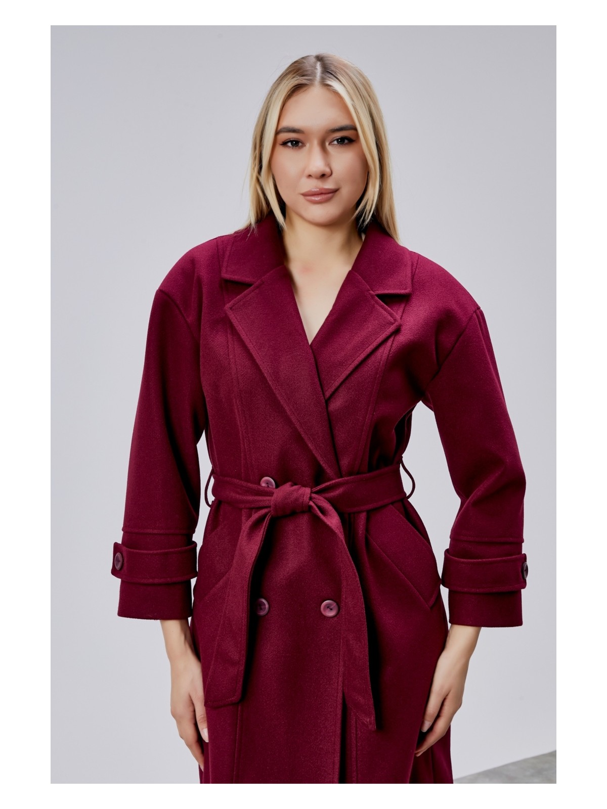Bolivente Bordo Kuşaklı Oversize Kaşe Kaban - Görsel 7