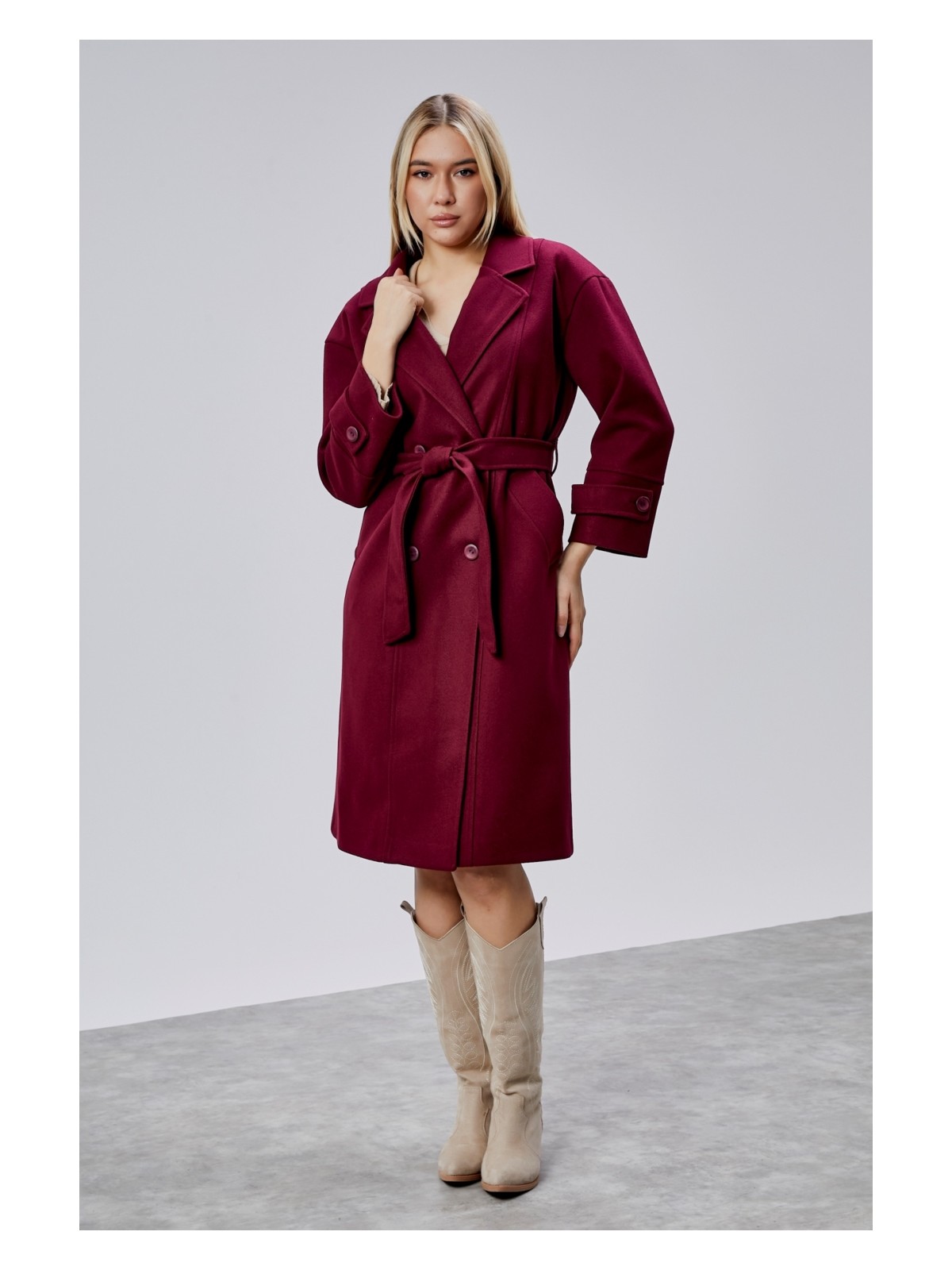 Bolivente Bordo Kuşaklı Oversize Kaşe Kaban - Görsel 8