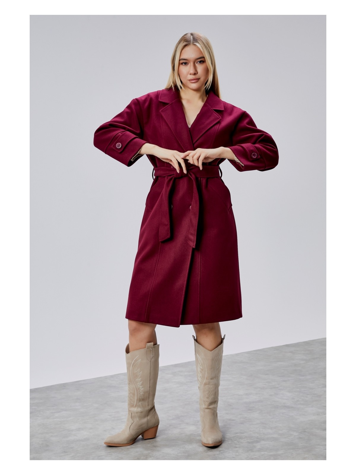 Bolivente Bordo Kuşaklı Oversize Kaşe Kaban - Görsel 9