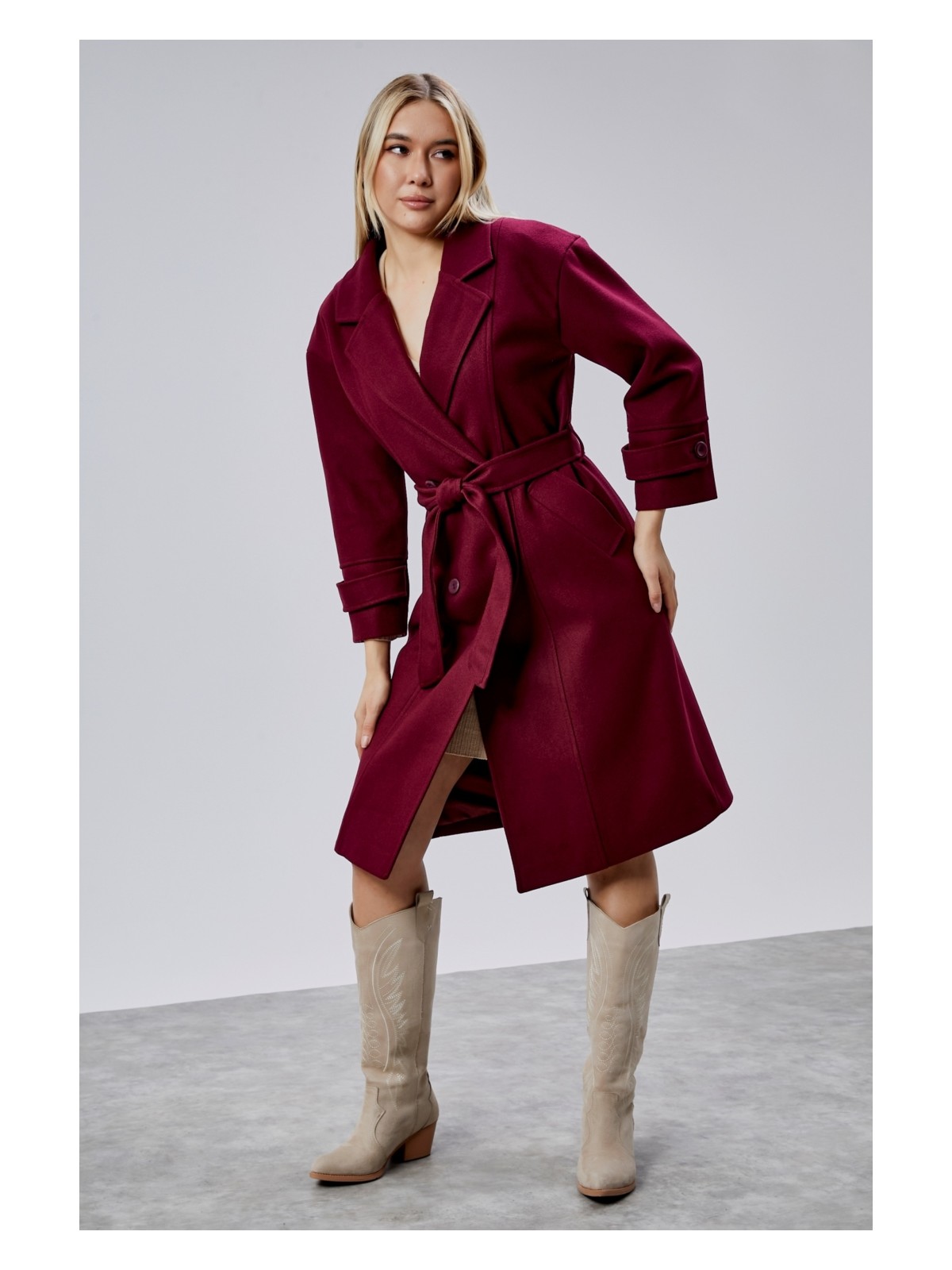 Bolivente Bordo Kuşaklı Oversize Kaşe Kaban - Görsel 10