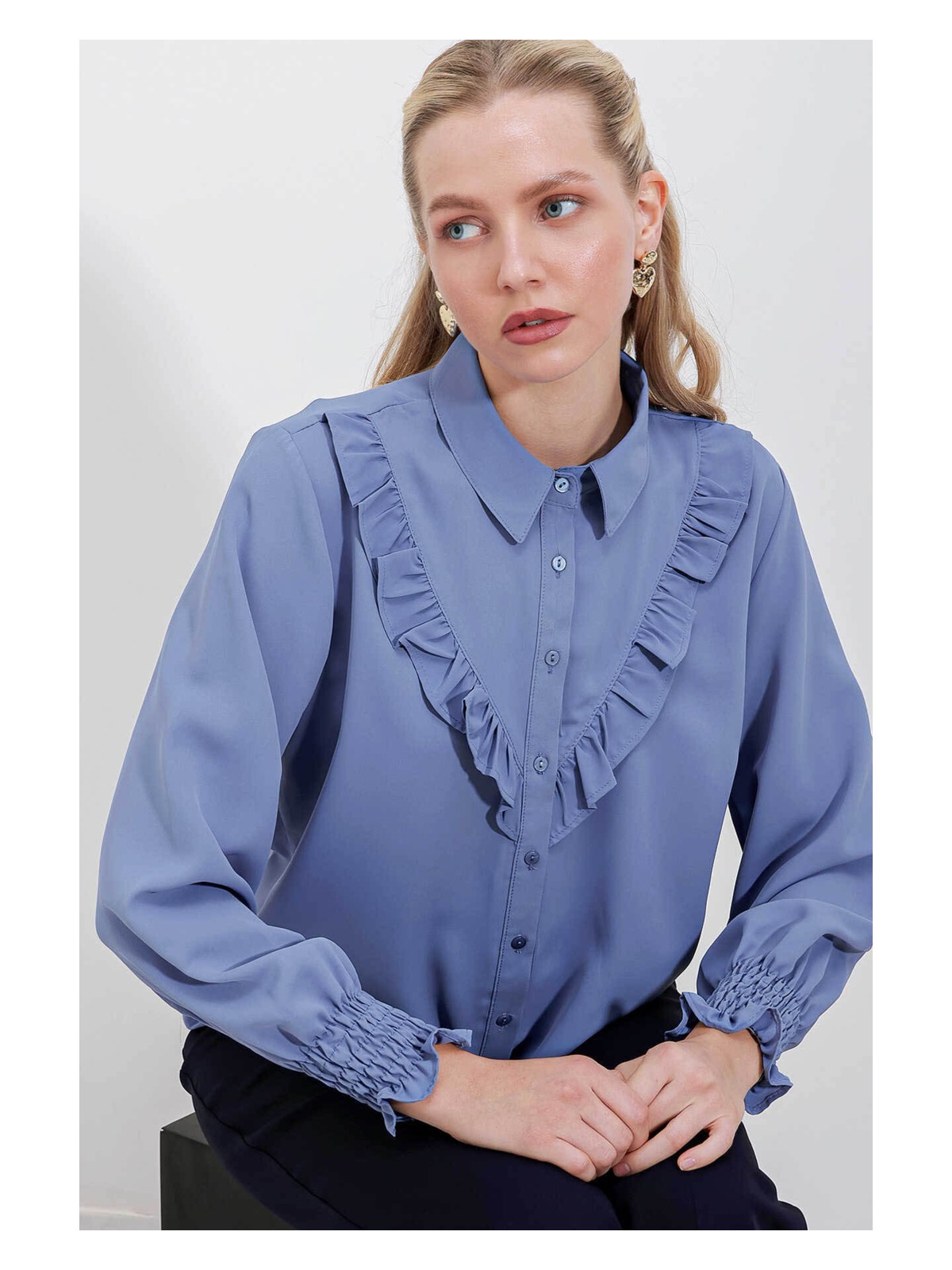 Bigdart Fırfırlı Indigo Kadın Gömlek 20223