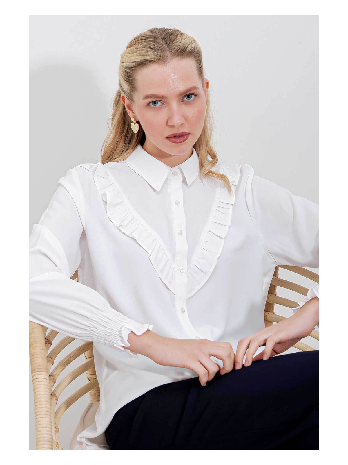 Bigdart Fırfırlı Indigo Kadın Gömlek 20223 - Görsel 4