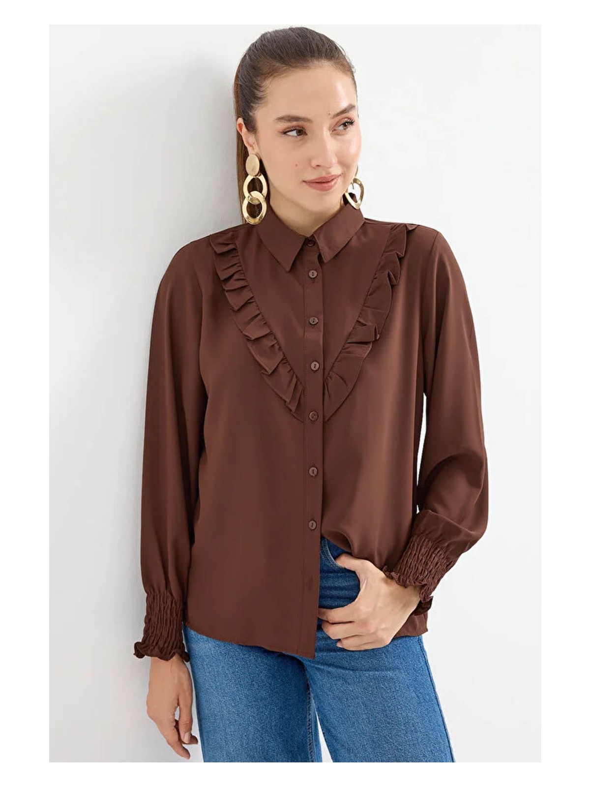 Bigdart Fırfırlı Indigo Kadın Gömlek 20223 - Görsel 5