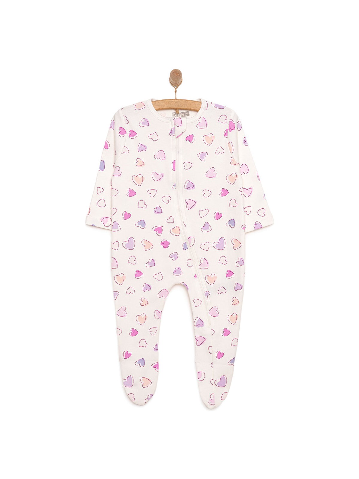 HelloBaby Hellobaby Hellobaby Kız Bebek Patikli Tulum Kalp Baskılı Fermuarlı Bisiklet Yaka Uzun Paça Uzun Kol