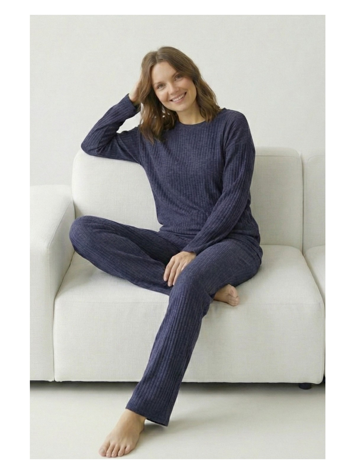 Farya Home Pamuklu Kalın Kışlık Interlok Şeritli Uzun Kollu Örme Pijama Takımı - Görsel 4