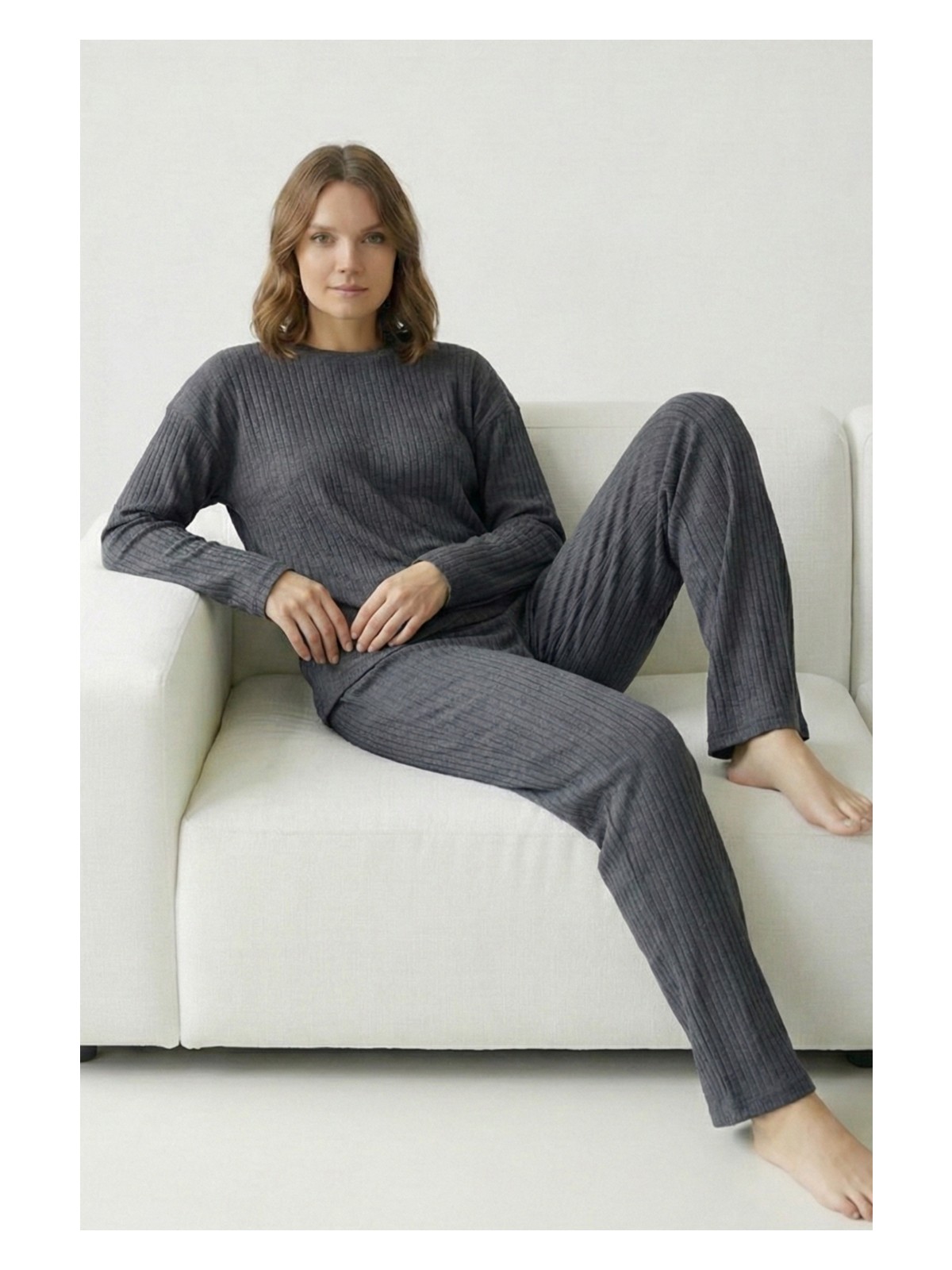 Farya Home Pamuklu Kalın Kışlık Interlok Şeritli Uzun Kollu Örme Pijama Takımı