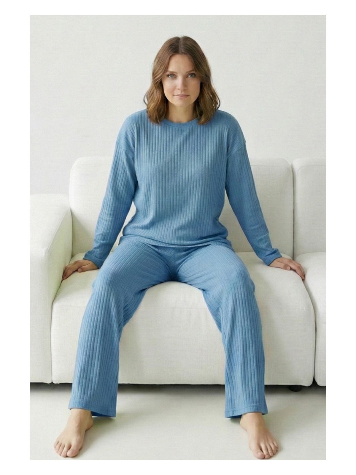 Farya Home Pamuklu Kalın Kışlık Interlok Şeritli Uzun Kollu Örme Pijama Takımı - Görsel 7